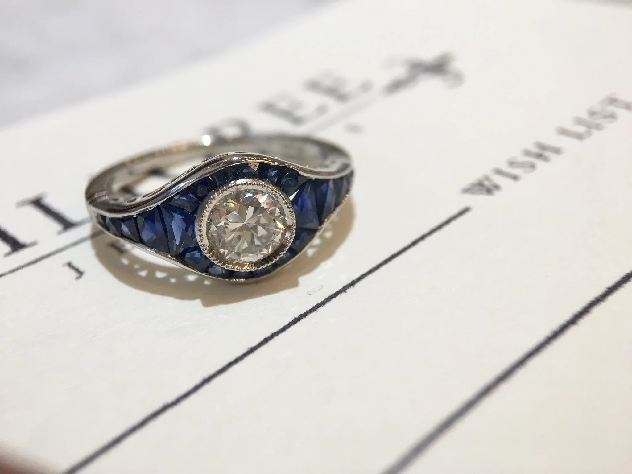 Engagement Ring Modern .63 Old European Cut Diamond & Sapphire in Platinum