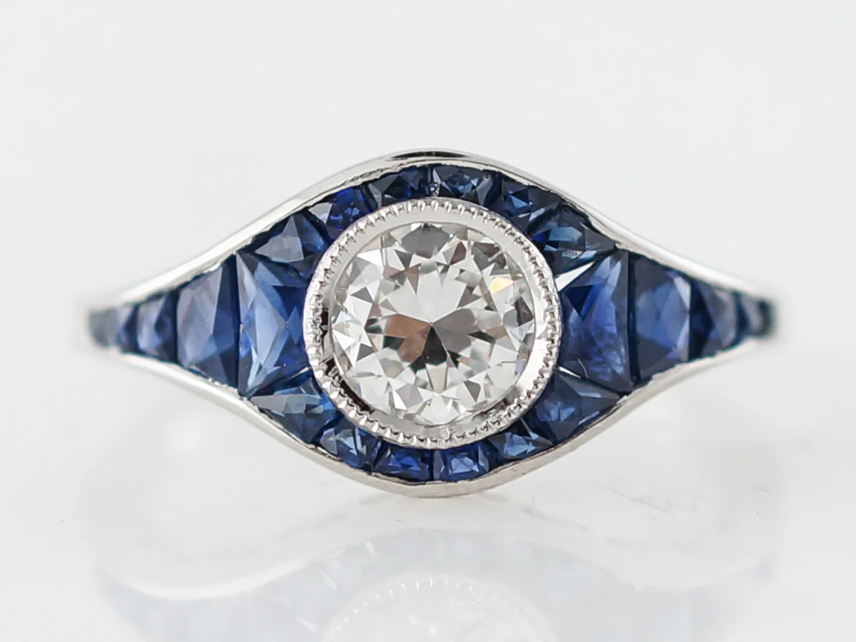 Engagement Ring Modern .63 Old European Cut Diamond & Sapphire in Platinum - Image 2