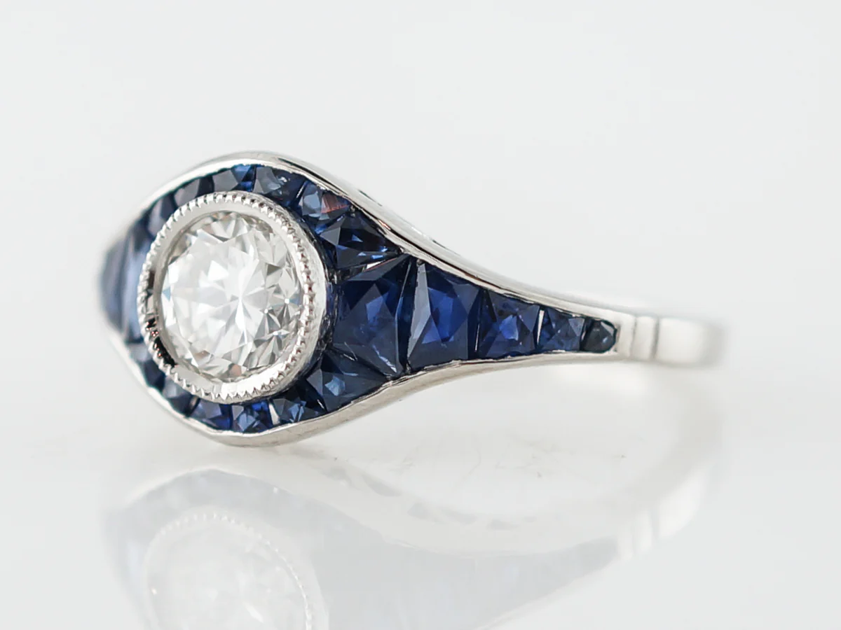 Engagement Ring Modern .63 Old European Cut Diamond & Sapphire in Platinum - Image 3