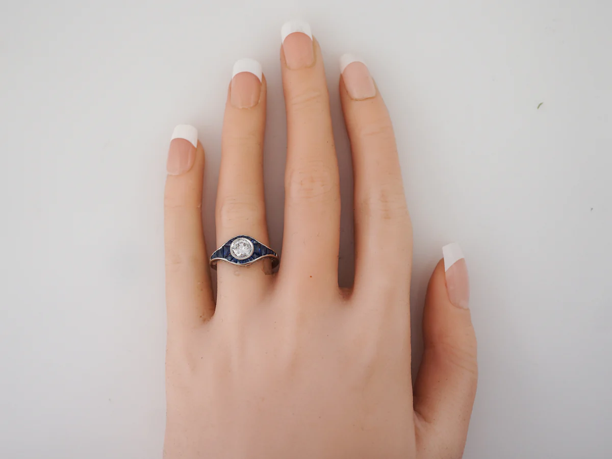 Engagement Ring Modern .63 Old European Cut Diamond & Sapphire in Platinum - Image 7