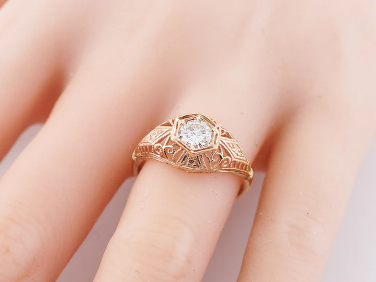 Engagement Ring Modern Antique Style .45ct Round Brilliant Diamond in 14k Rose Gold - Image 3