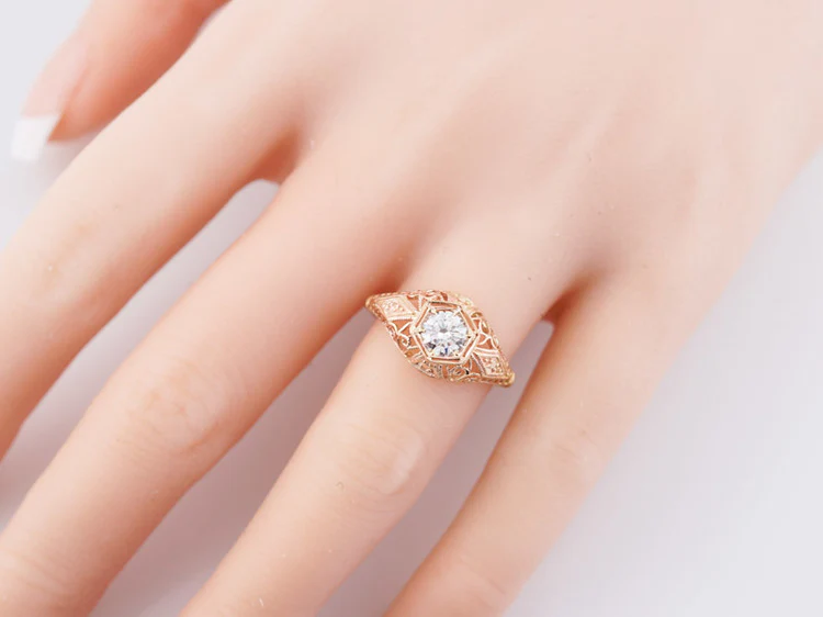 Engagement Ring Modern Antique Style .45ct Round Brilliant Diamond in 14k Rose Gold - Image 4