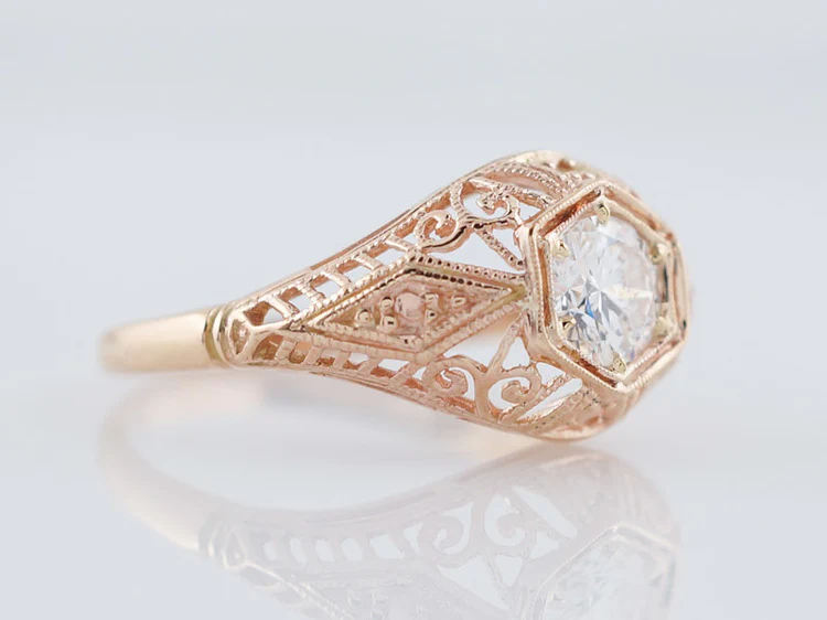 Engagement Ring Modern Antique Style .45ct Round Brilliant Diamond in 14k Rose Gold - Image 5