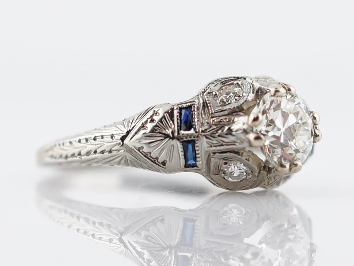 Engraved 1920s Diamond & Sapphire Engagement Ring - Image 3