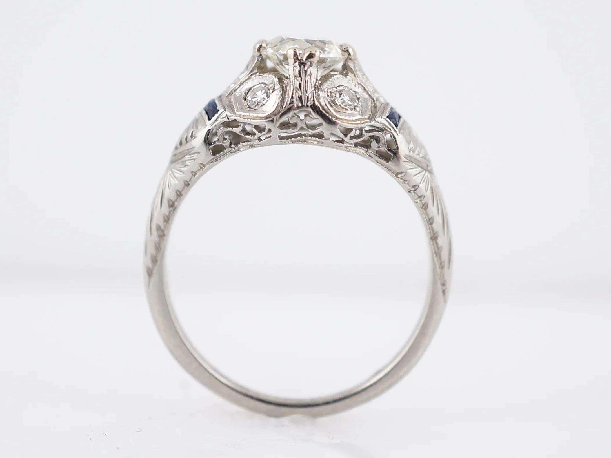 Engraved 1920s Diamond & Sapphire Engagement Ring - Image 6