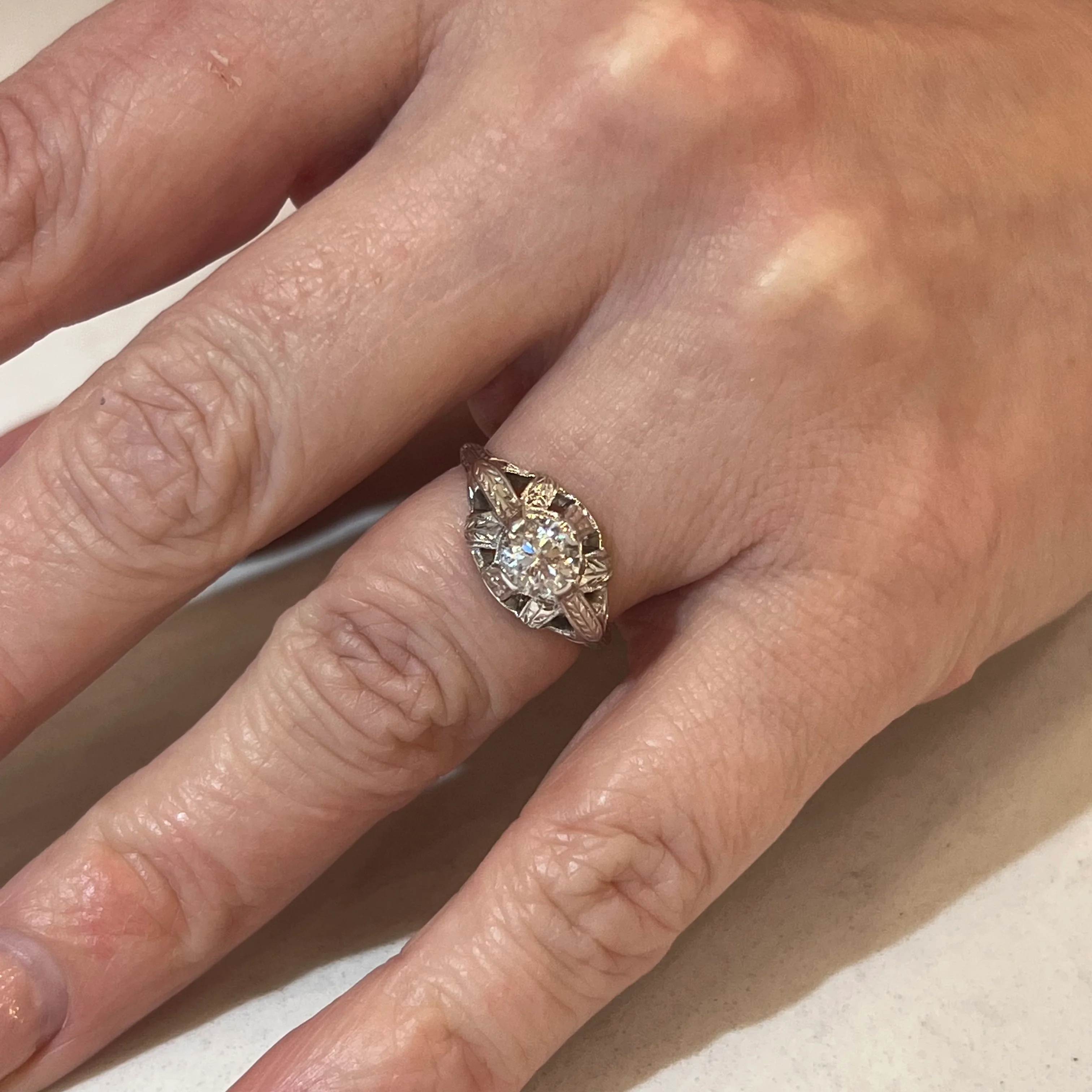 .62 Engraved Antique Engagement Ring Art Deco Diamond - Image 6