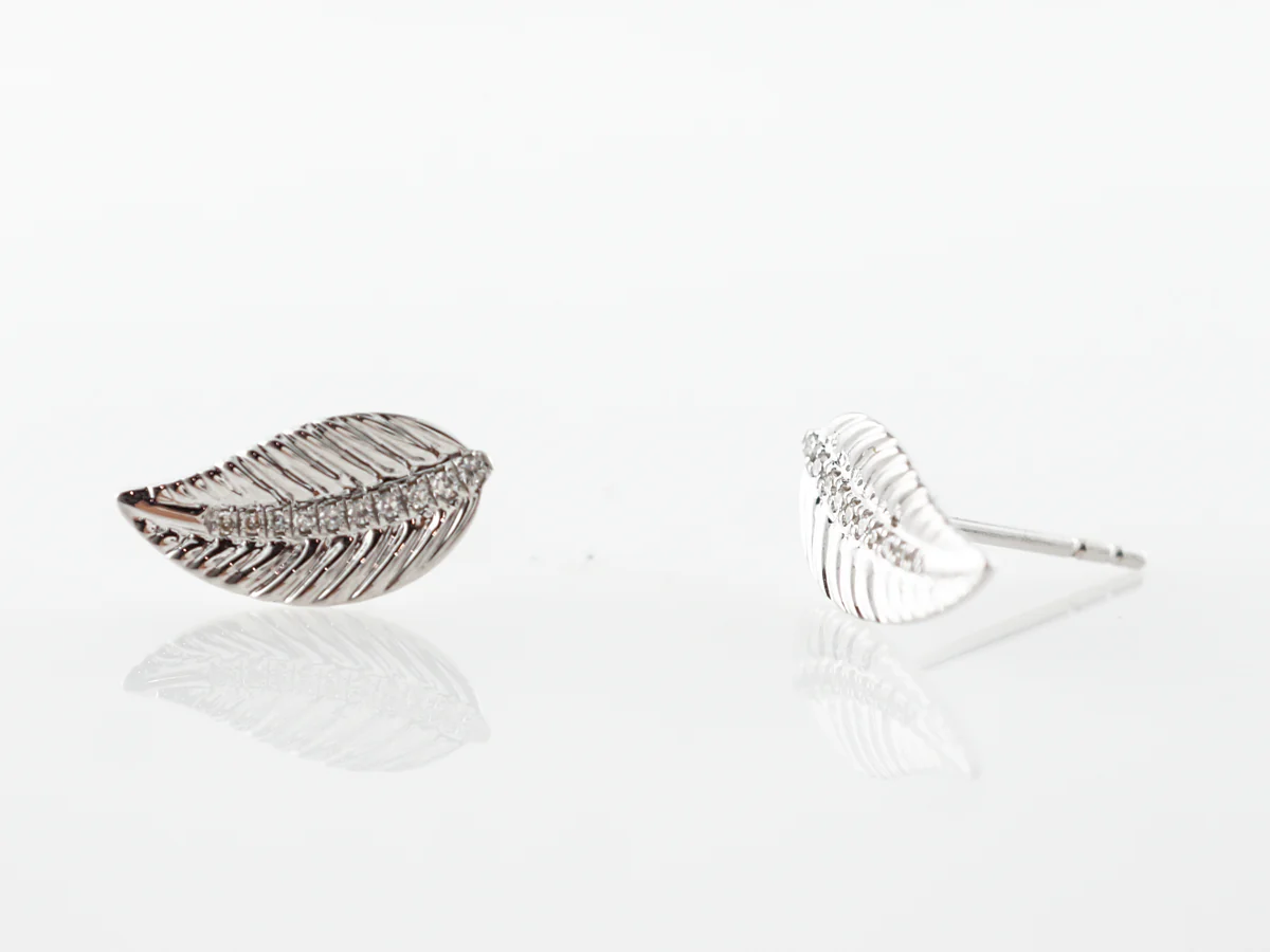 Engraved Leaf Earring Studs in 18k White Gold - Image 2