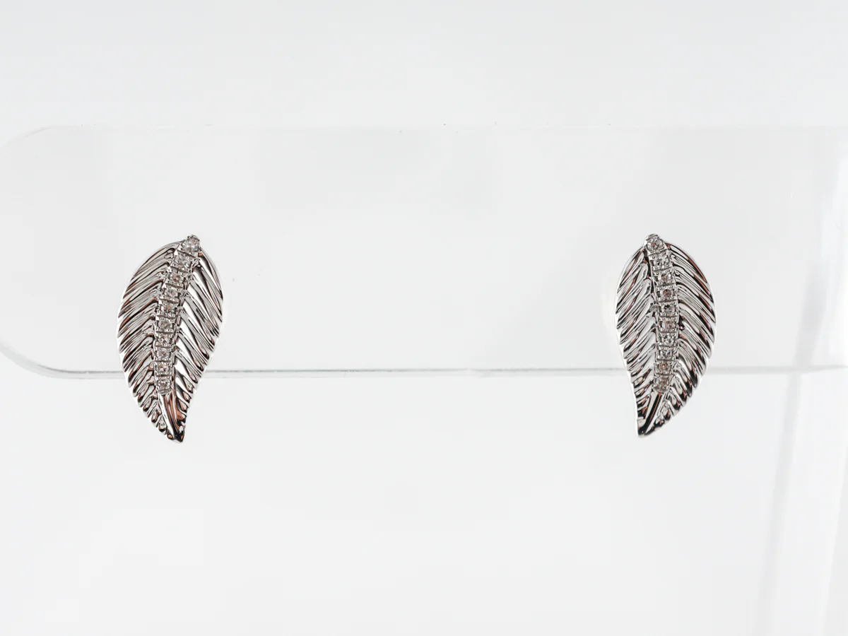Engraved Leaf Earring Studs in 18k White Gold - Image 3