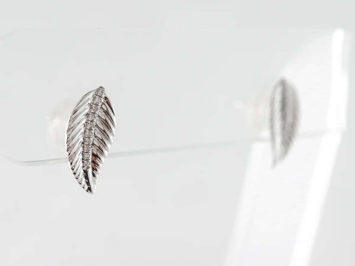 Engraved Leaf Earring Studs in 18k White Gold - Image 4