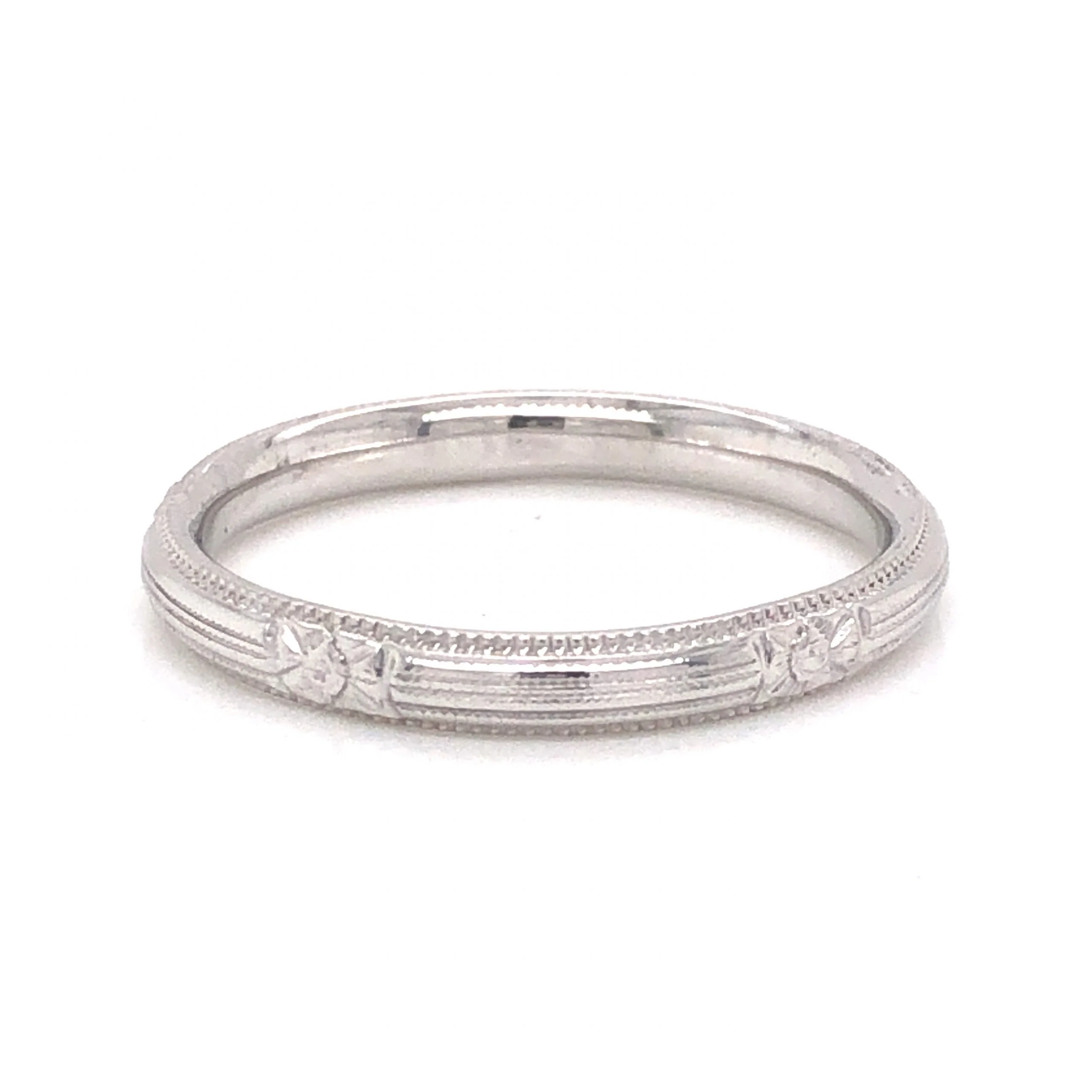 Engraved Milgrain Art Deco Wedding Band in 18k White Gold - Image 2
