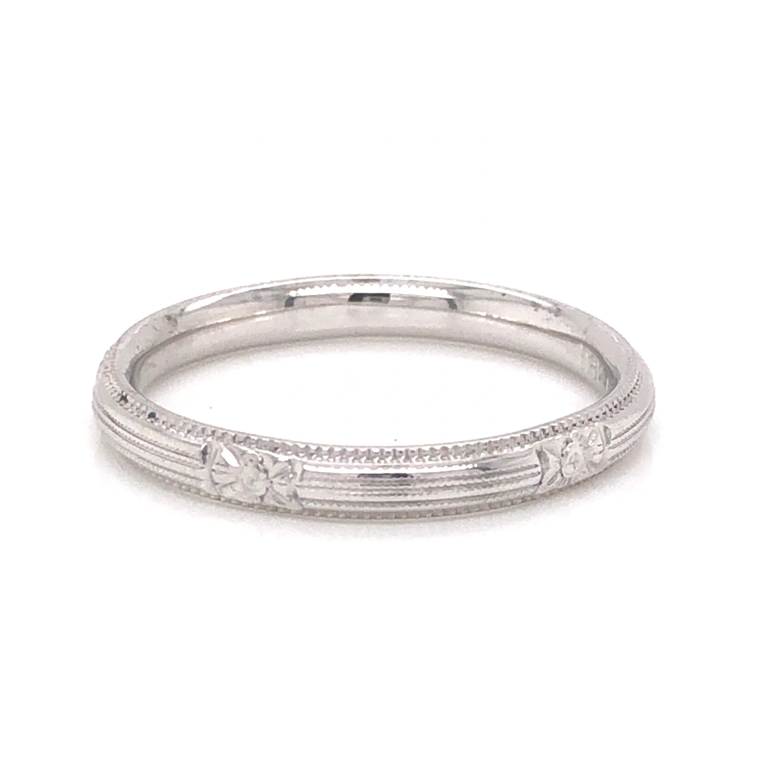 Engraved Milgrain Art Deco Wedding Band in 18k White Gold - Image 3