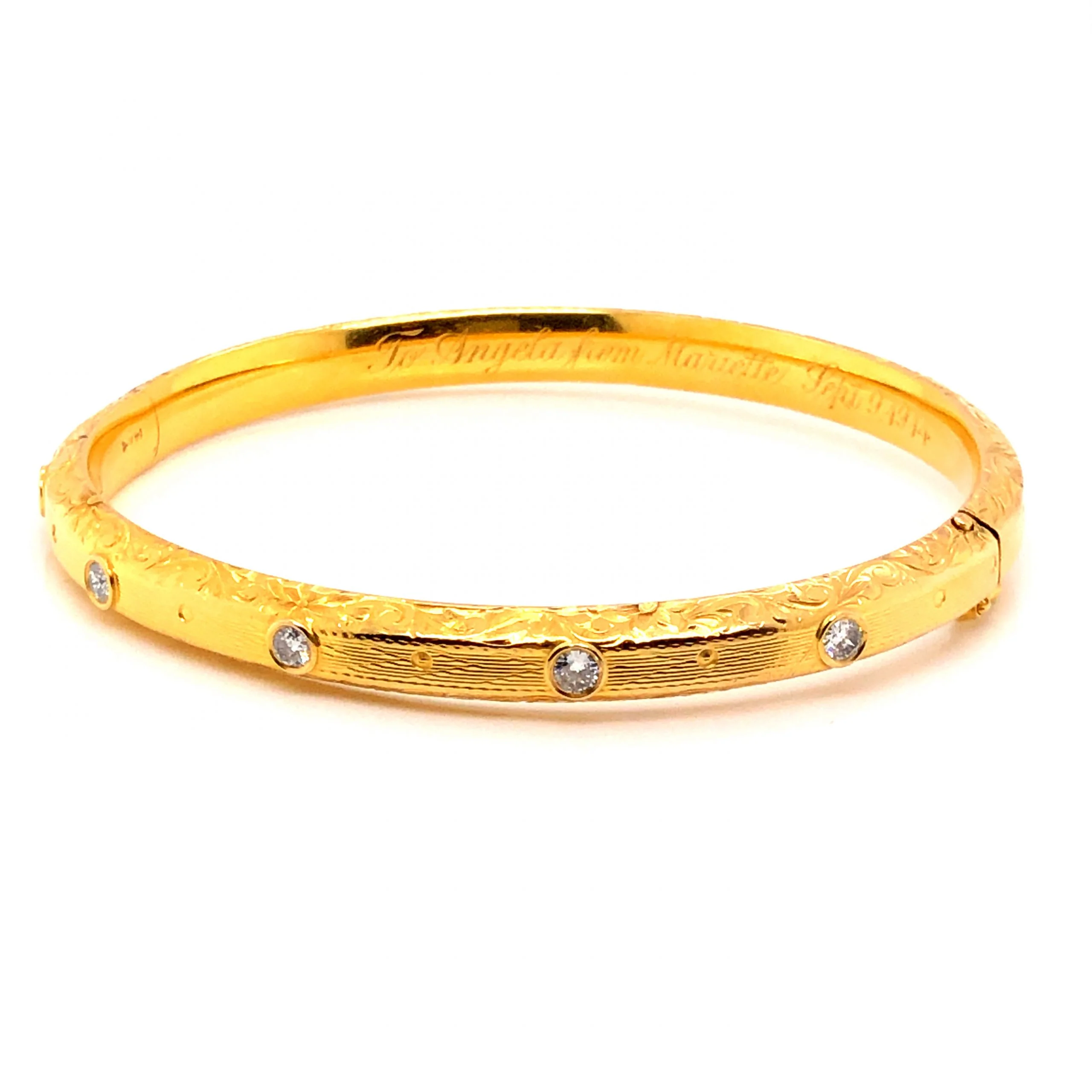 Engraved Victorian Diamond Bangle Bracelet in 14k Yellow Gold - Image 2