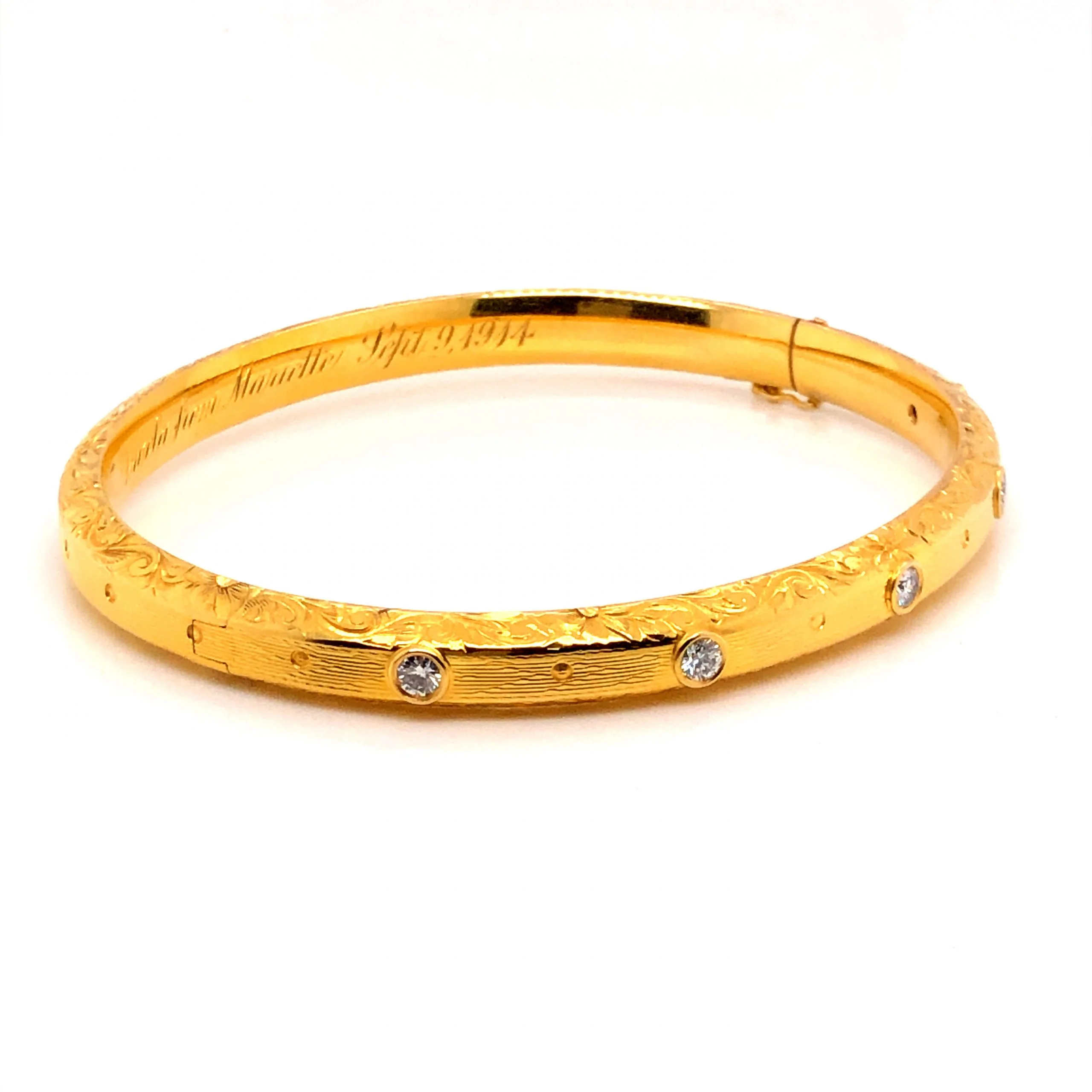 Engraved Victorian Diamond Bangle Bracelet in 14k Yellow Gold - Image 3