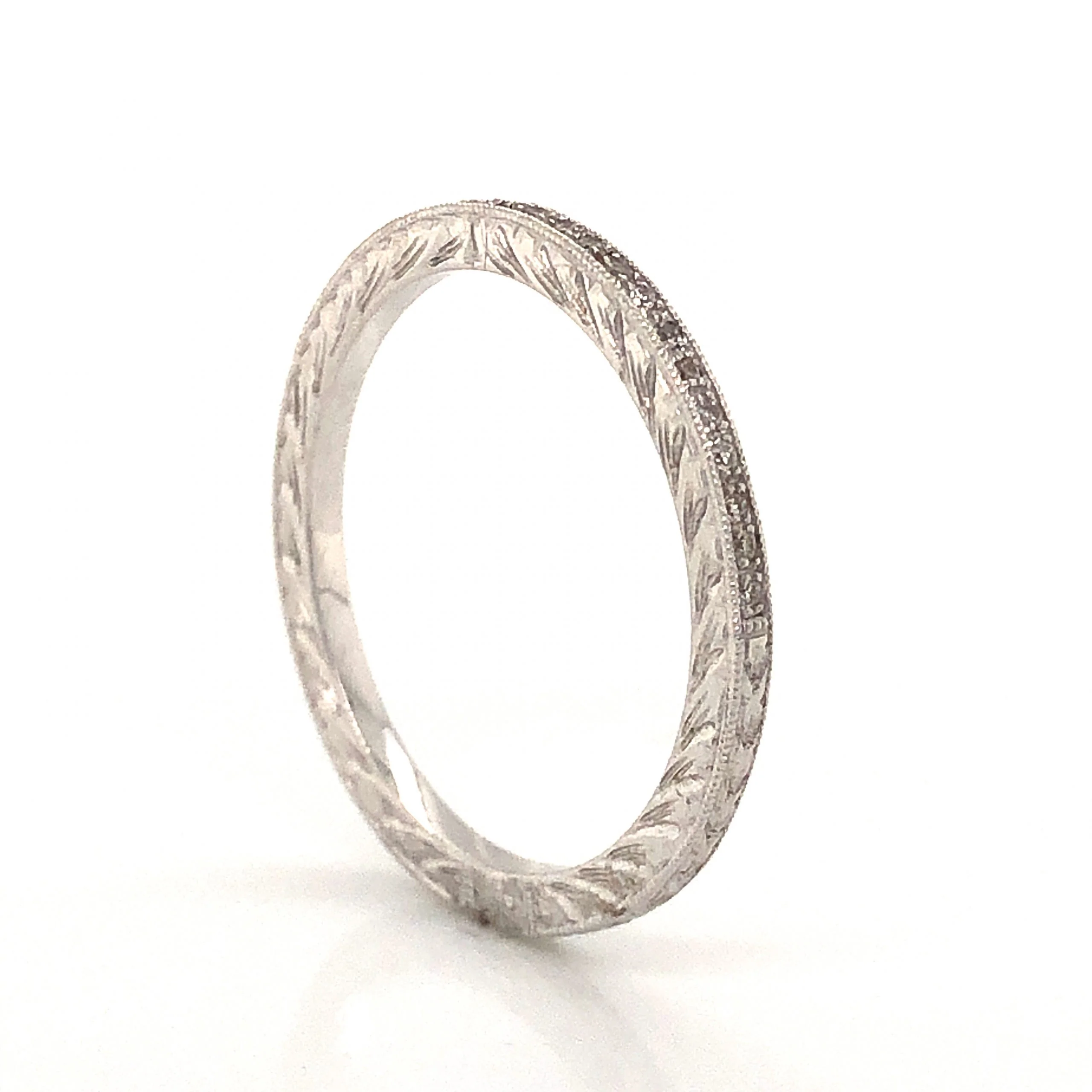 Engraved Vintage Inspired Diamond Wedding Band in 18k White Gold - Image 3