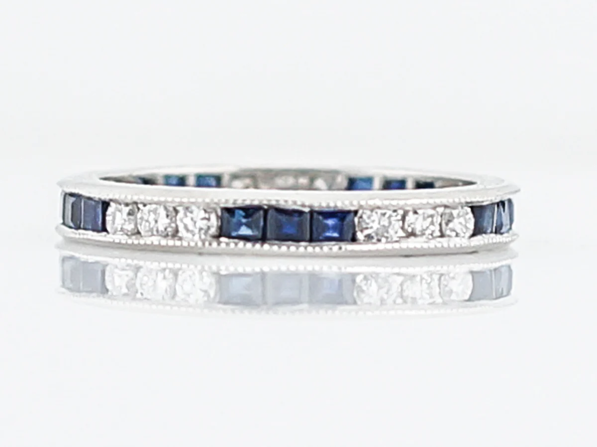 Eternity Wedding Band Modern .45 Round Brilliant Cut Diamonds and Sapphire in Platinum - Image 2