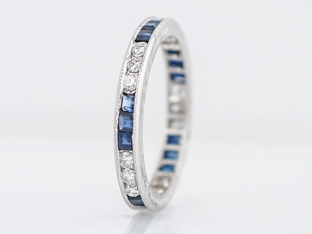 Eternity Wedding Band Modern .45 Round Brilliant Cut Diamonds and Sapphire in Platinum - Image 3