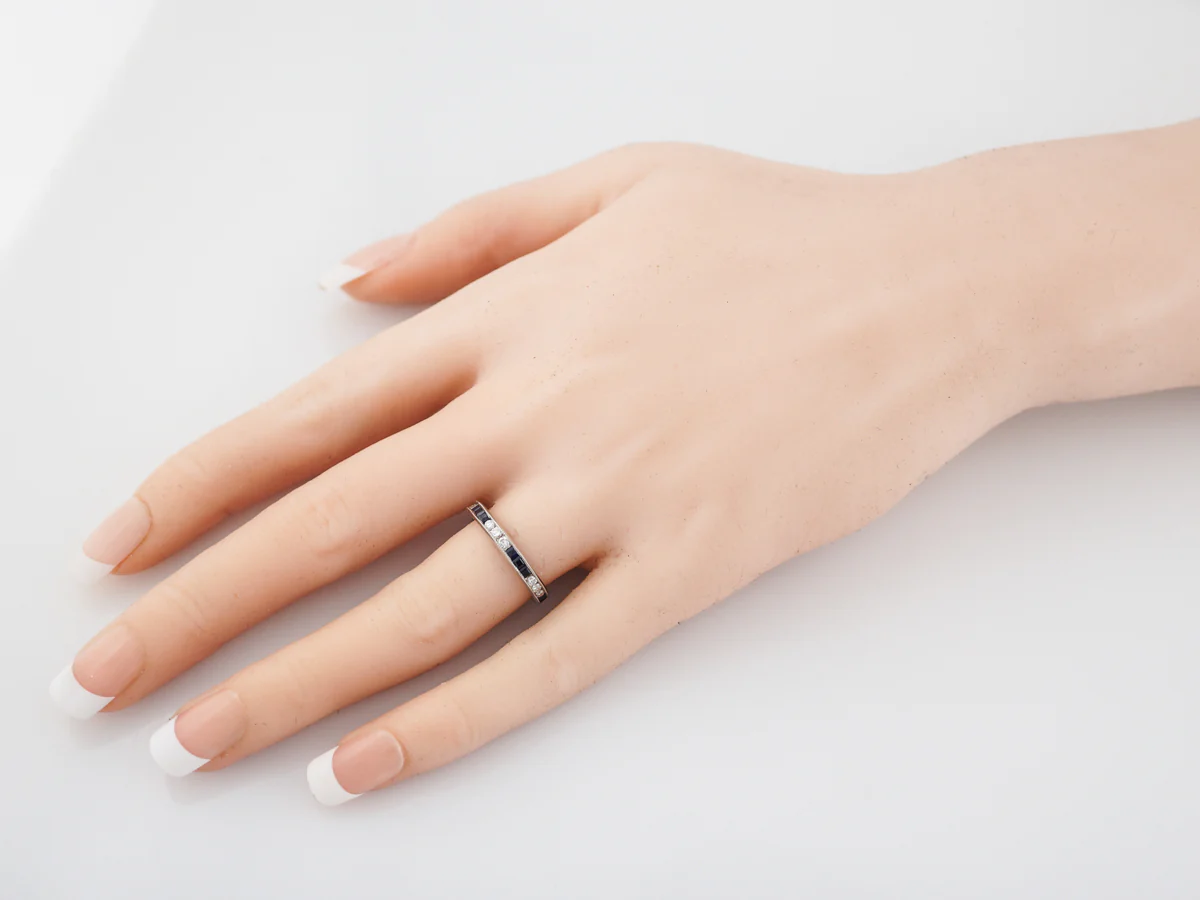 Eternity Wedding Band Modern .45 Round Brilliant Cut Diamonds and Sapphire in Platinum - Image 5