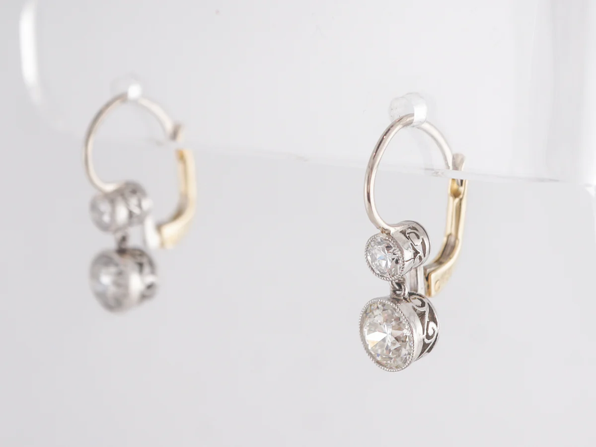 European Cut Diamond Dangle Earrings in Platinum and Yellow Gold - Image 2