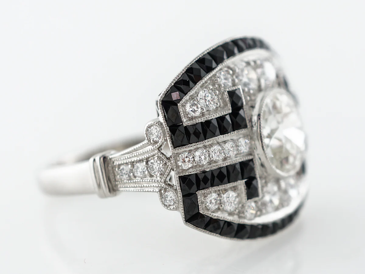 European Cut Diamond & Onyx Accent Cocktail Ring - Image 3