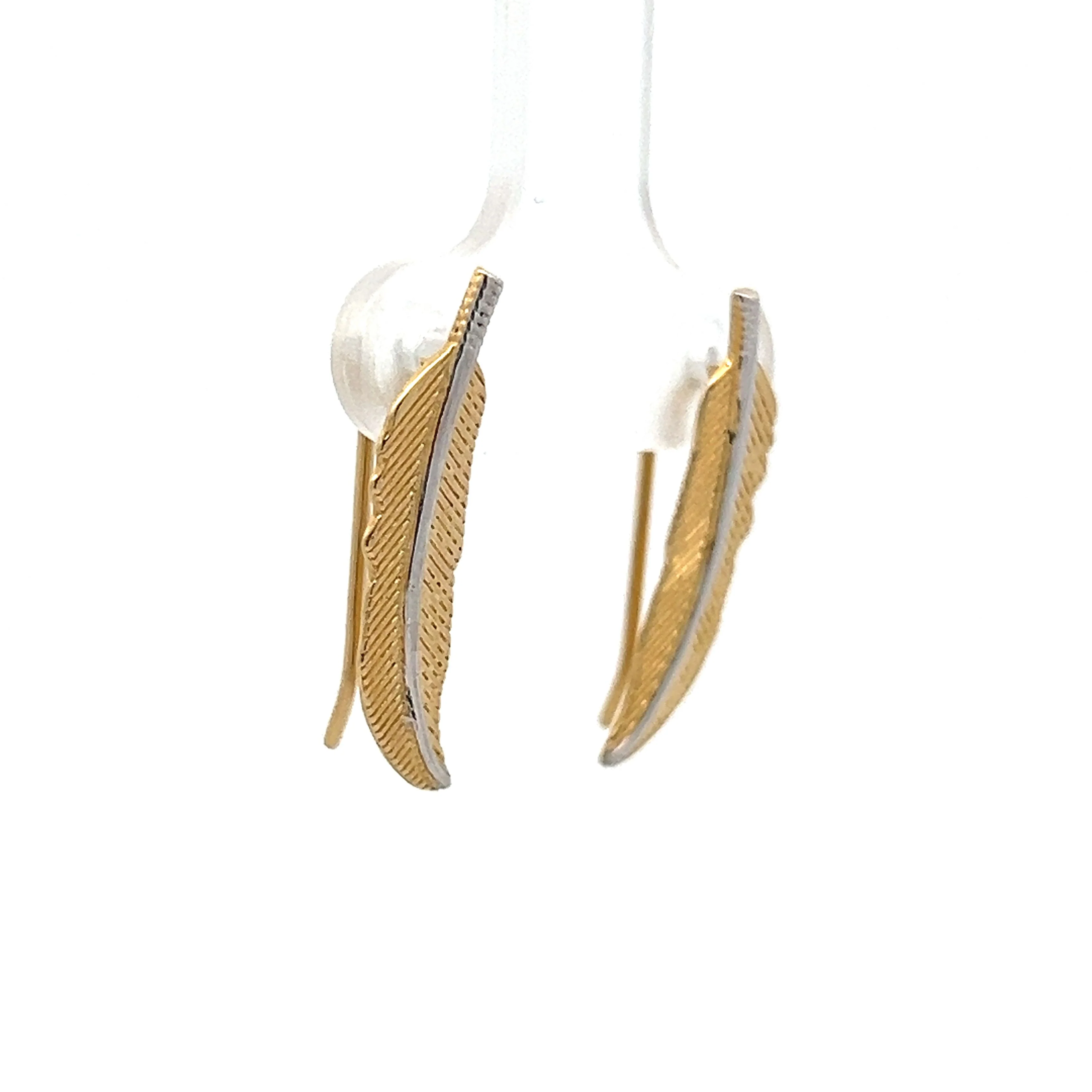 Feather Shaped Stud Earrings in 14k Yellow & White Gold - Image 3