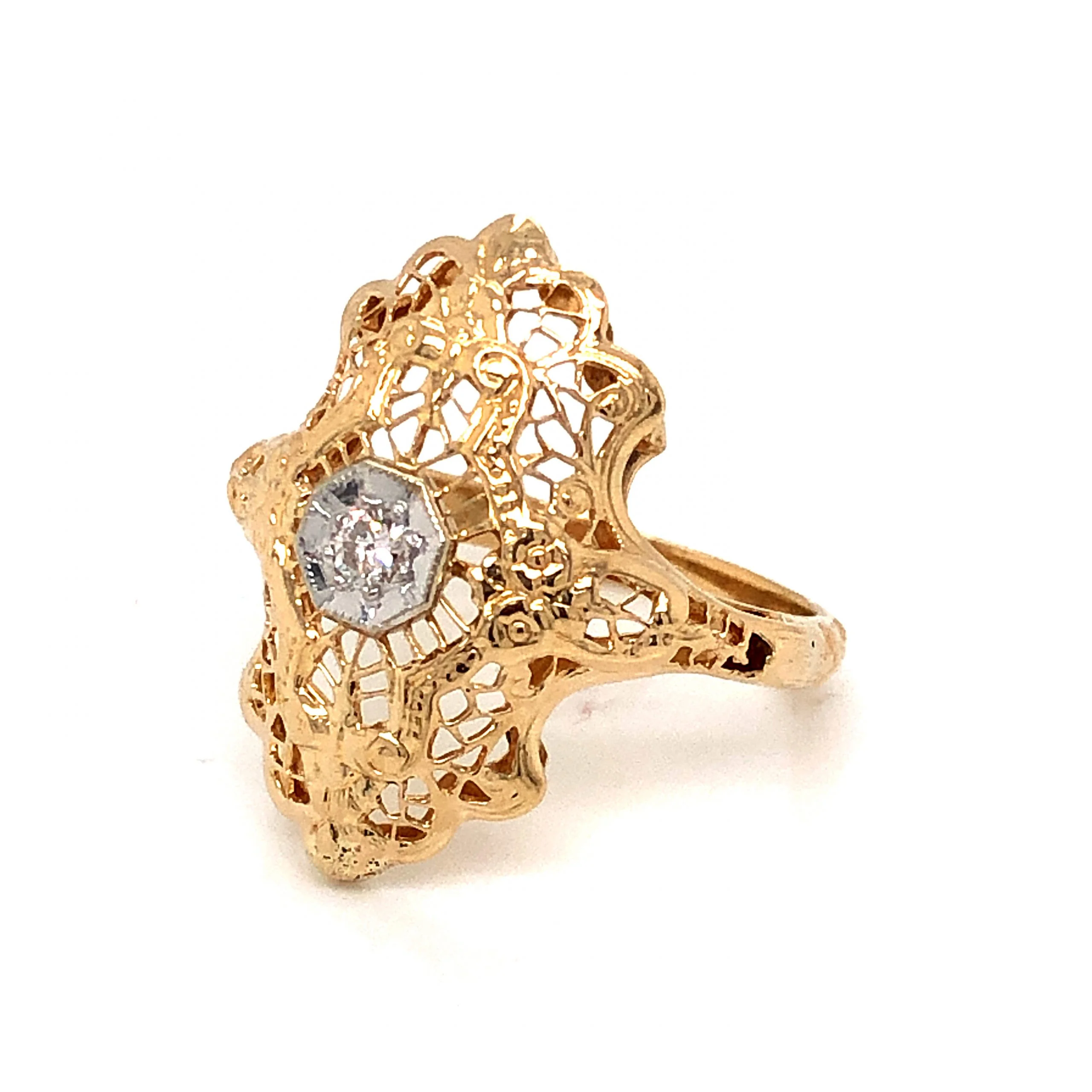 Filigree Diamond Cocktail Ring in 14k Yellow and White Gold - Image 2
