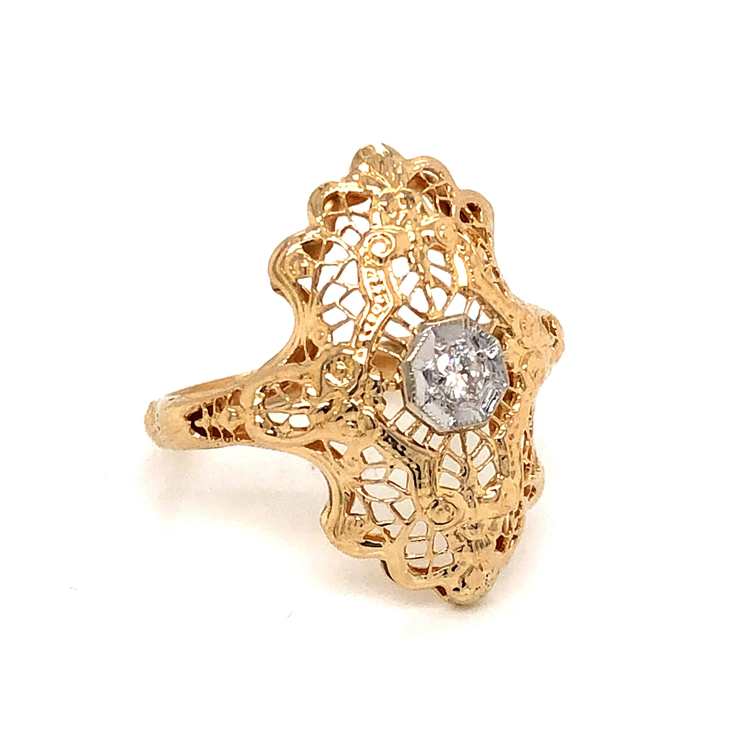 Filigree Diamond Cocktail Ring in 14k Yellow and White Gold - Image 3