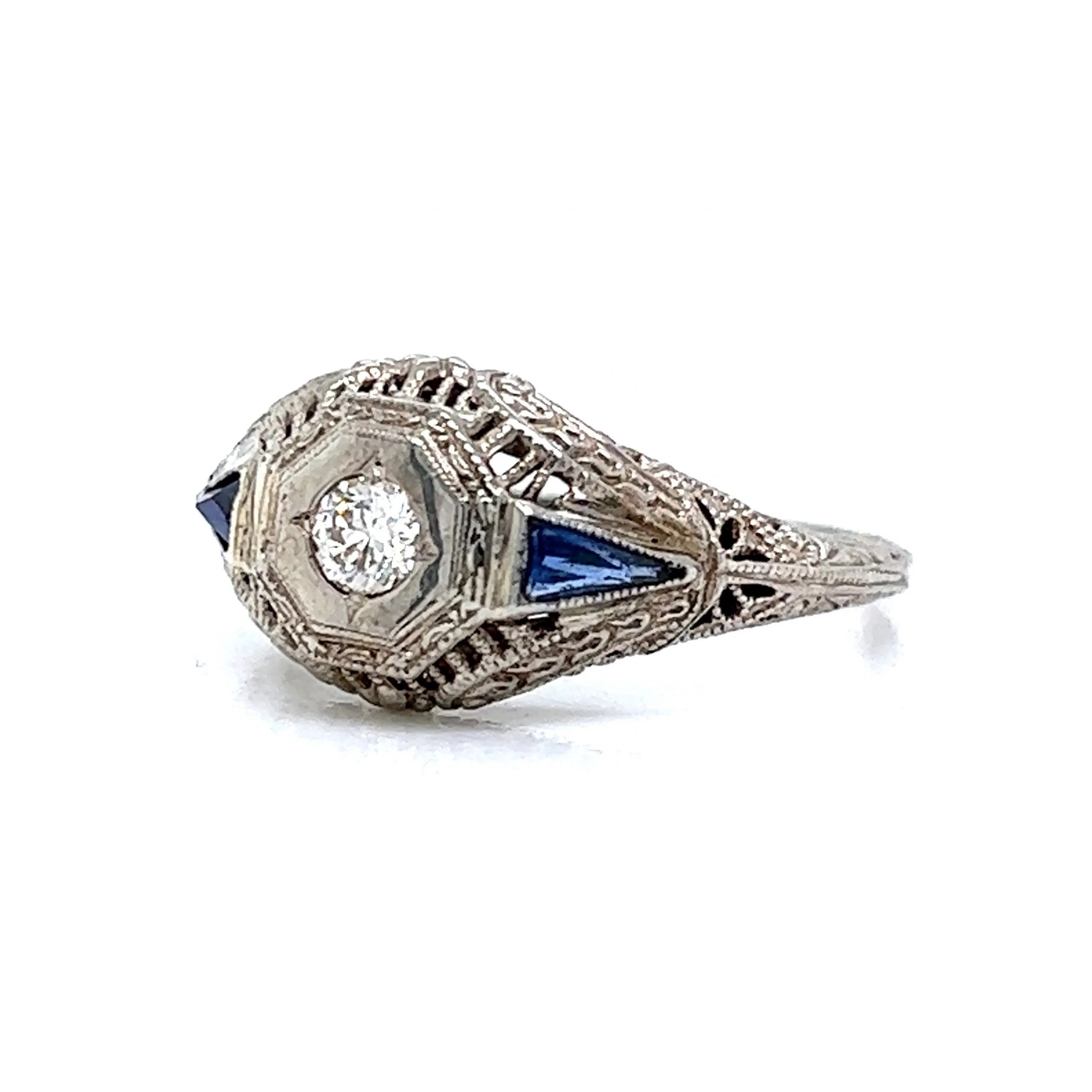 Filigree Diamond & Sapphire Engagement Ring in 18k White Gold - Image 2