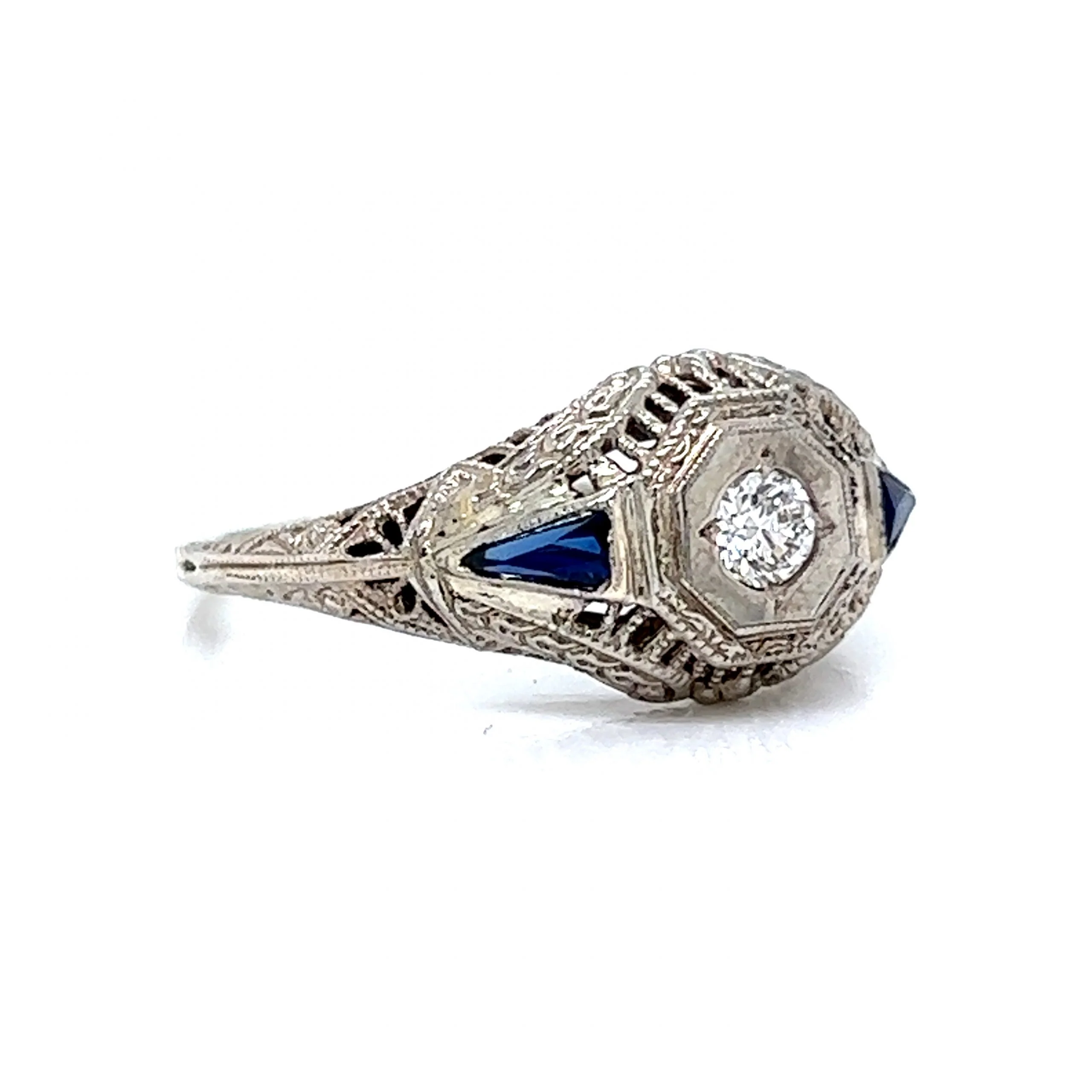 Filigree Diamond & Sapphire Engagement Ring in 18k White Gold - Image 3
