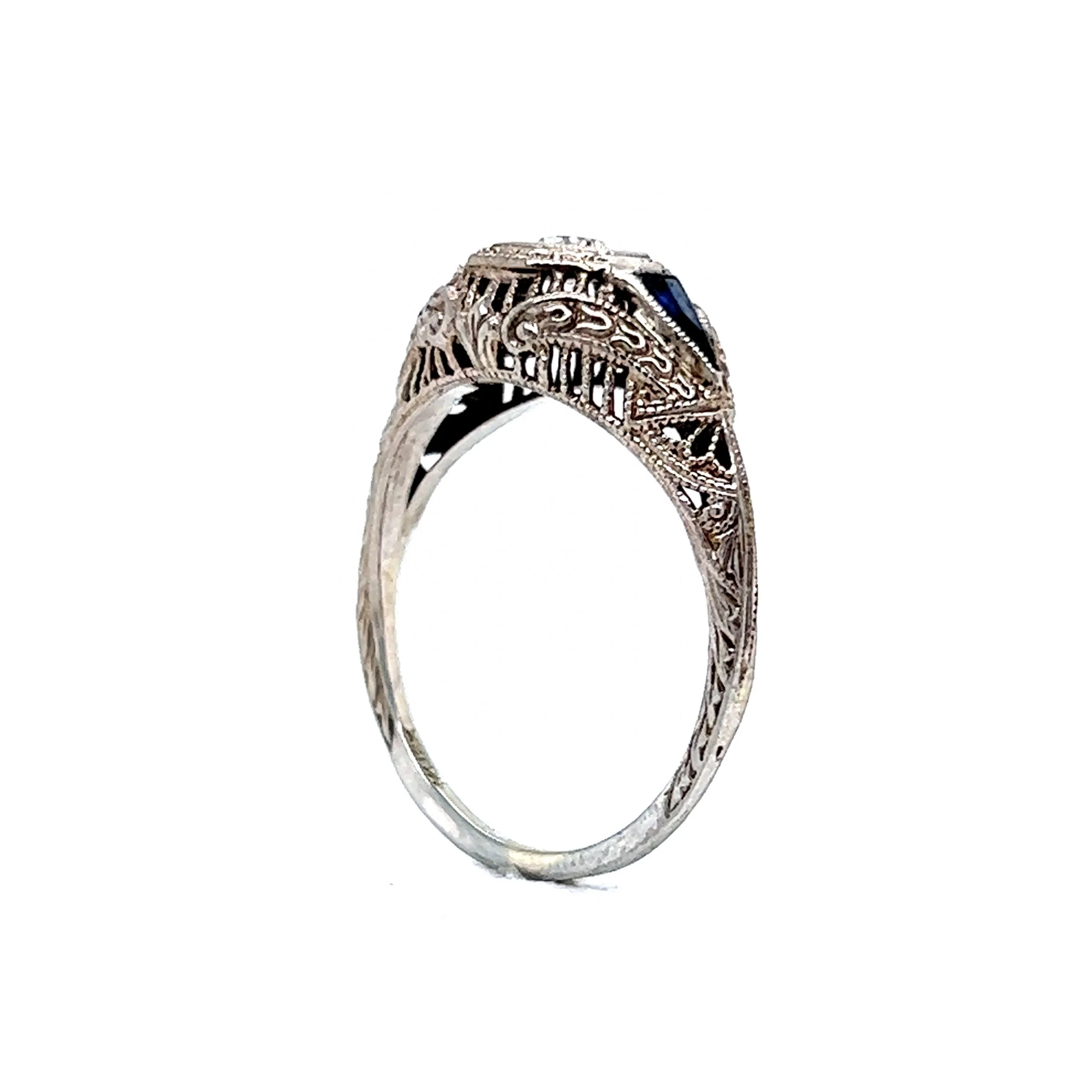 Filigree Diamond & Sapphire Engagement Ring in 18k White Gold - Image 5