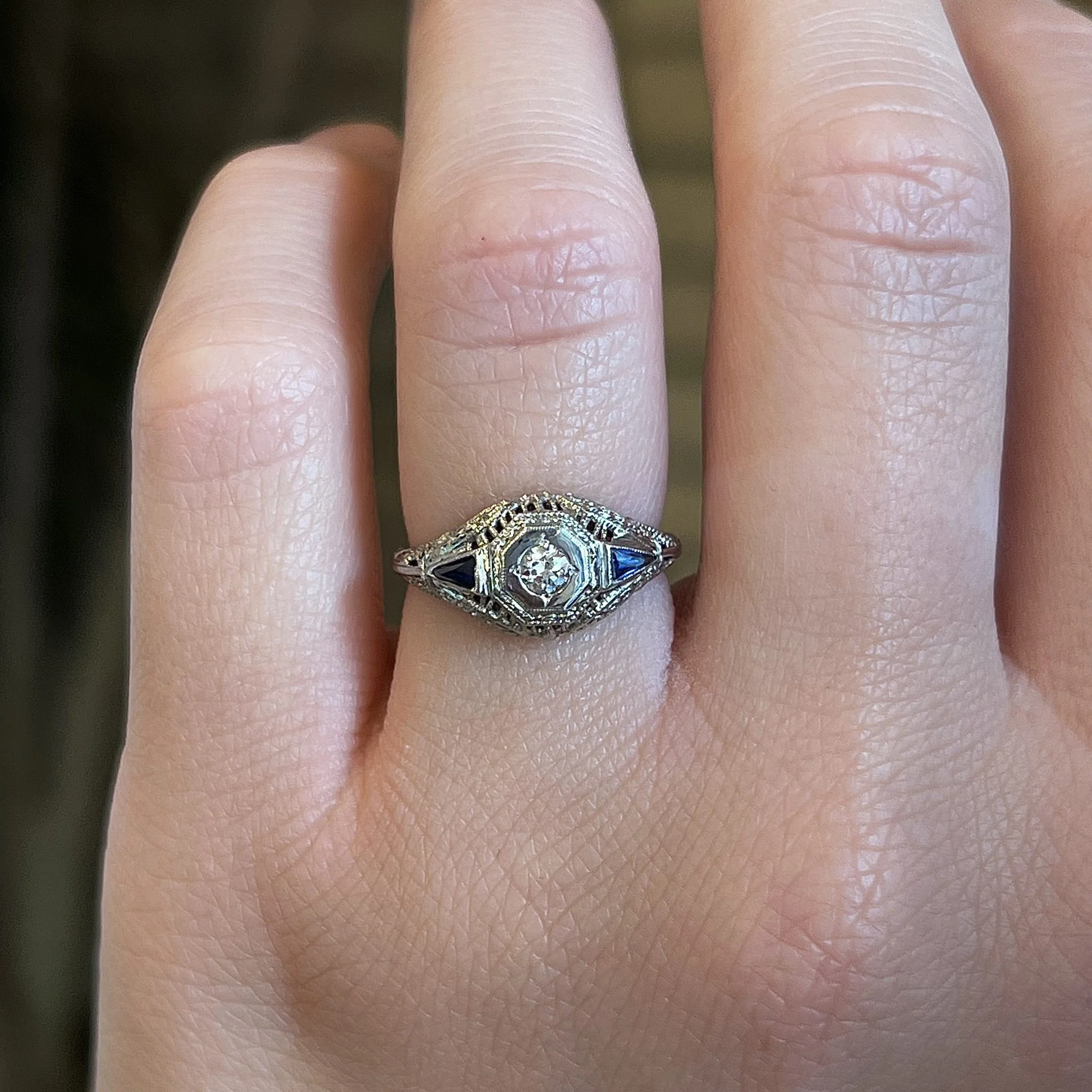 Filigree Diamond & Sapphire Engagement Ring in 18k White Gold - Image 6