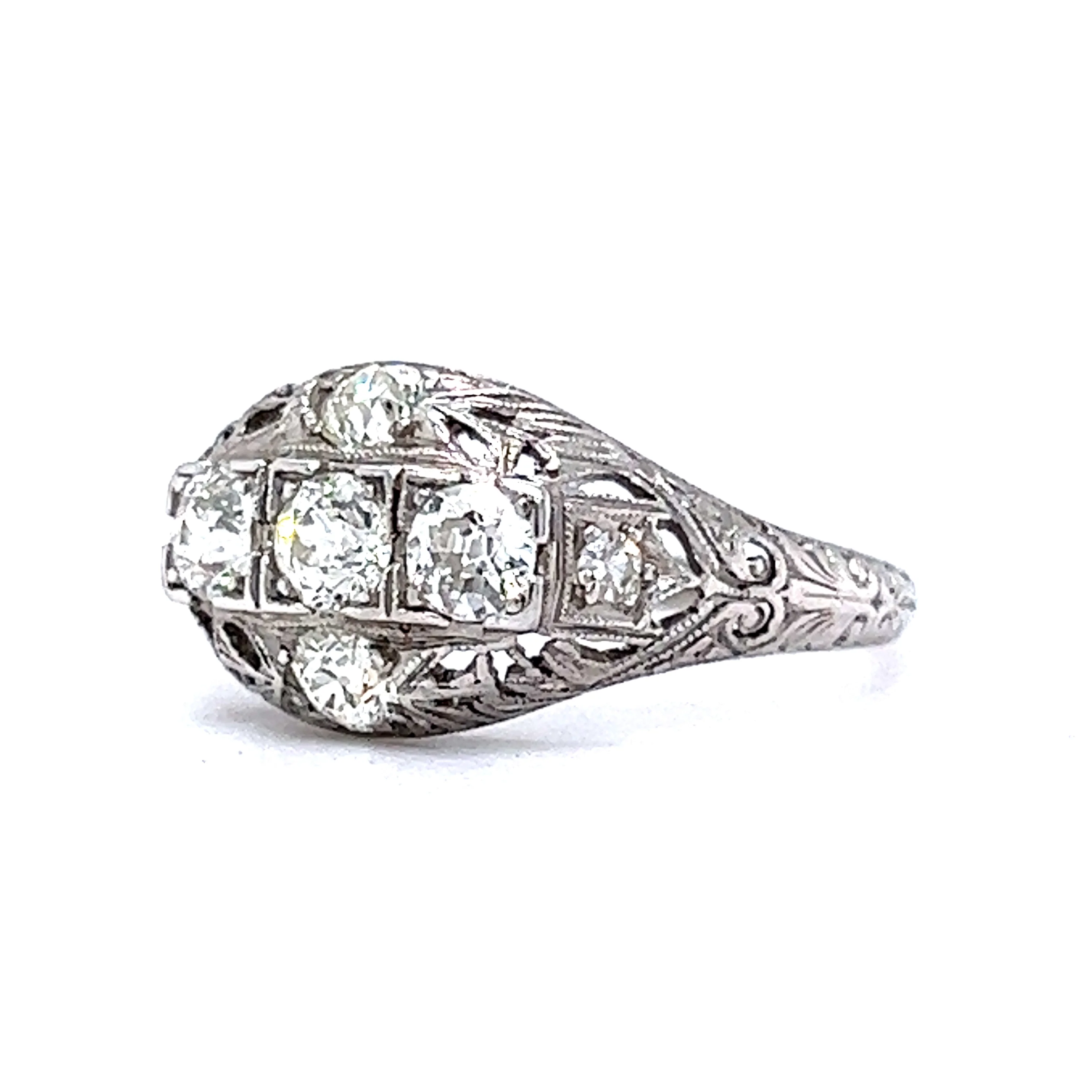 Filigree Five Stone Art Deco Diamond Ring in 18k - Image 2