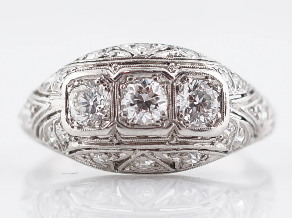 Filigree Three Stone Diamond Engagement Ring in Platinum