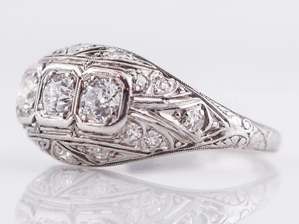 Filigree Three Stone Diamond Engagement Ring in Platinum - Image 2