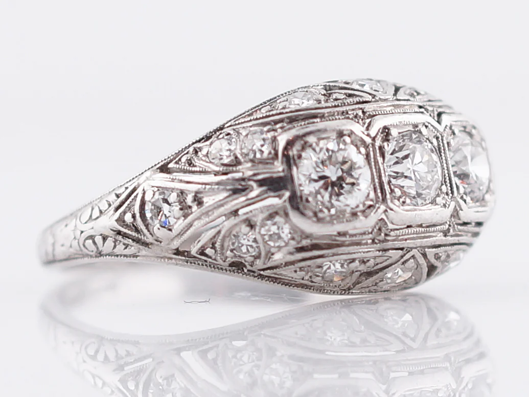 Filigree Three Stone Diamond Engagement Ring in Platinum - Image 3