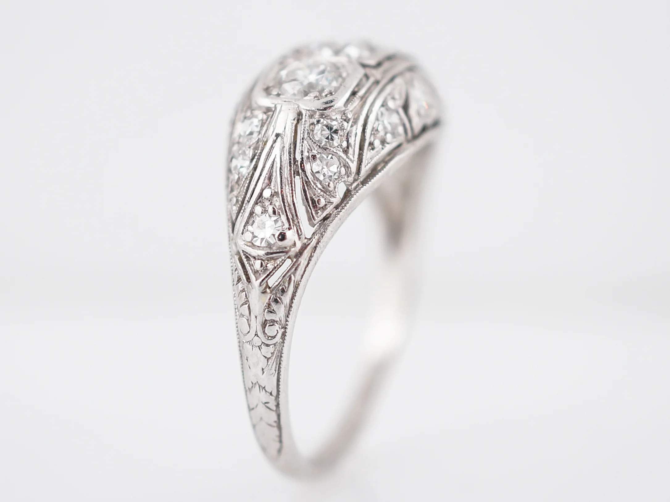 Filigree Three Stone Diamond Engagement Ring in Platinum - Image 5