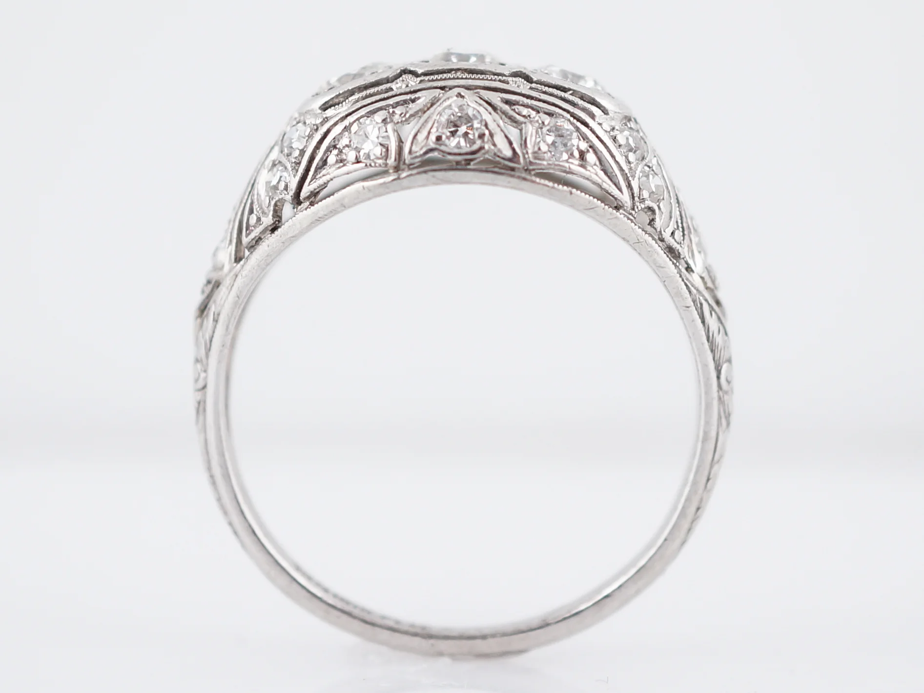Filigree Three Stone Diamond Engagement Ring in Platinum - Image 6
