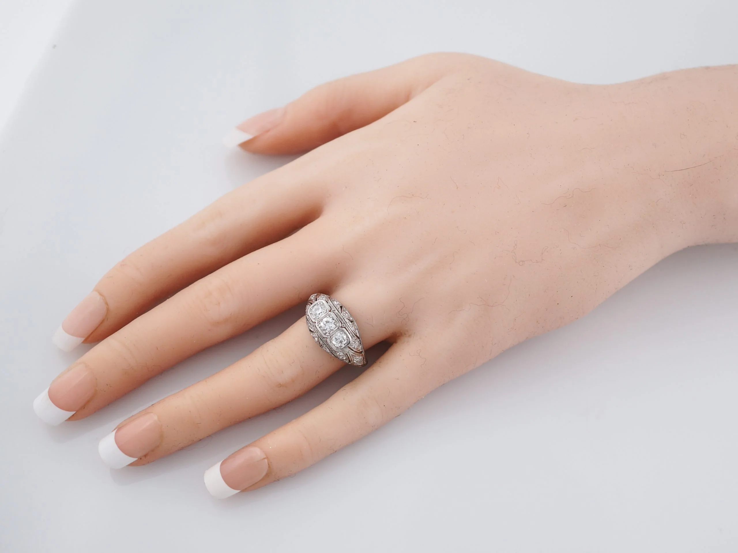 Filigree Three Stone Diamond Engagement Ring in Platinum - Image 8