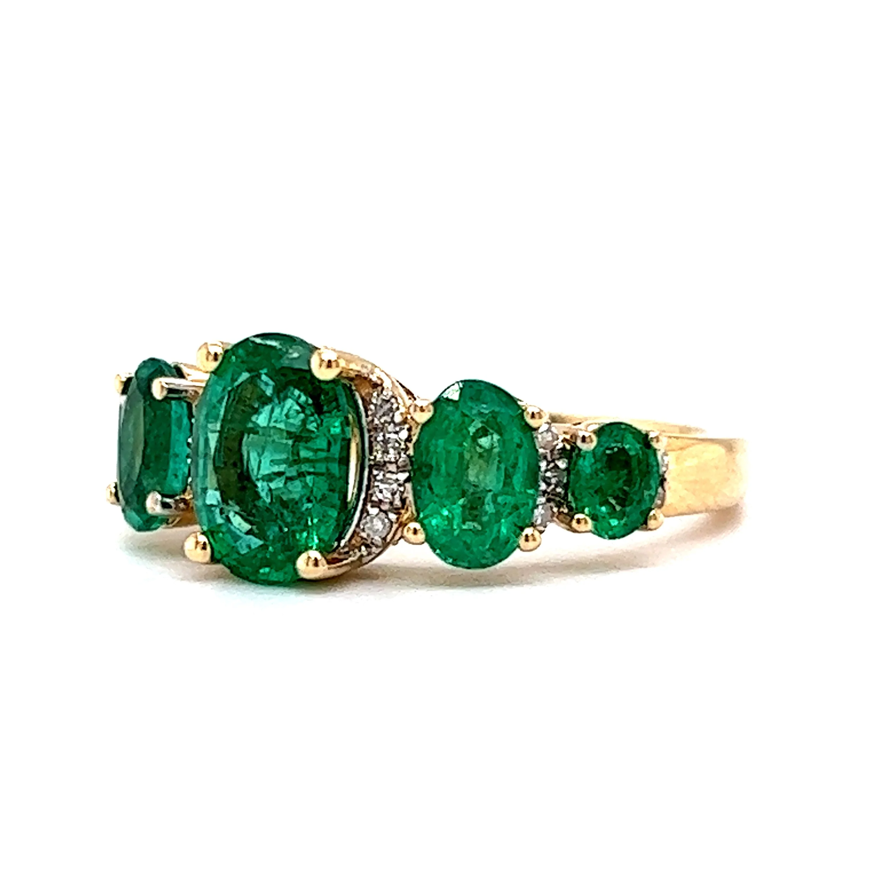 Five Stone Oval Cut Emerald & Diamond Ring in 14k Yellow Gold - Image 2