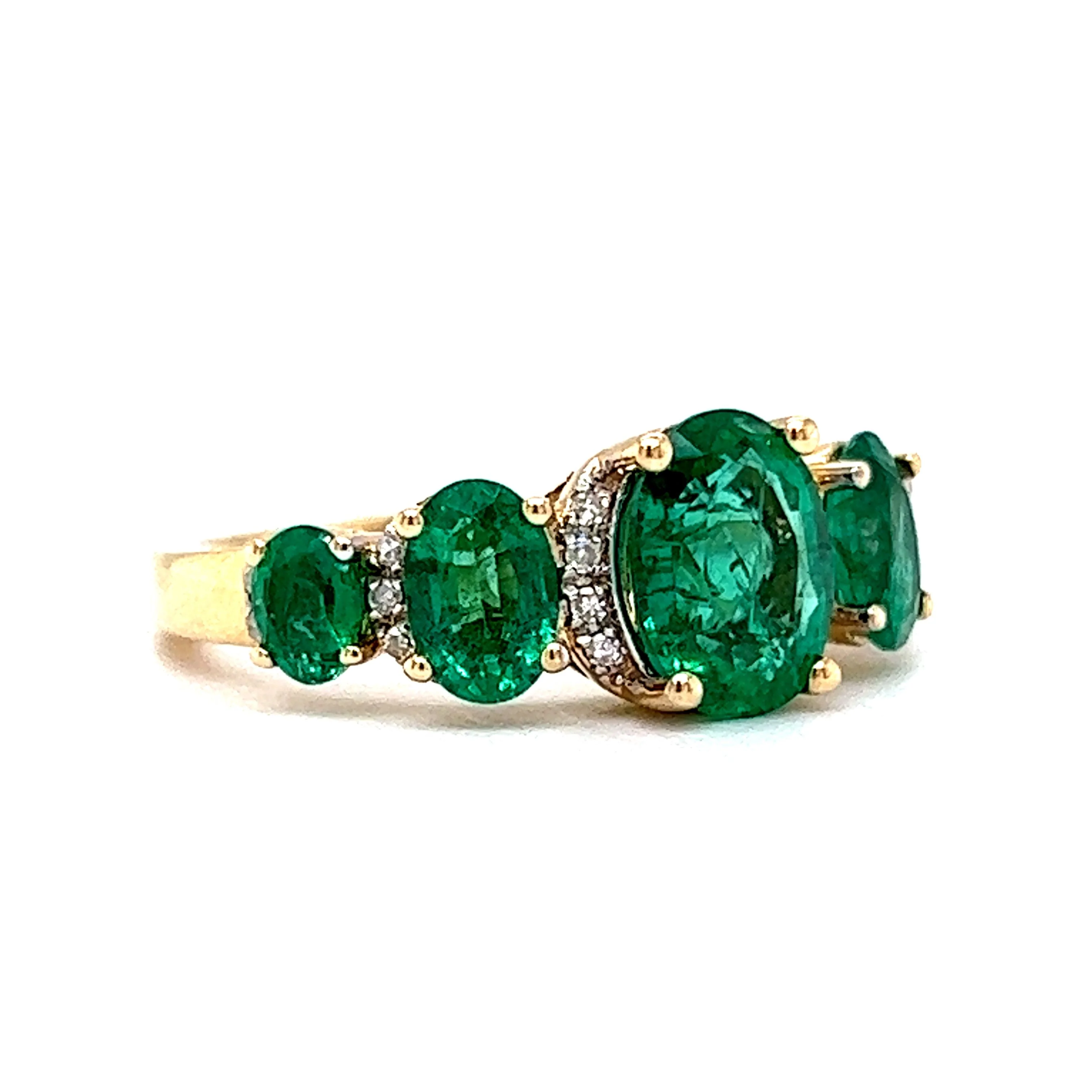 Five Stone Oval Cut Emerald & Diamond Ring in 14k Yellow Gold - Image 3