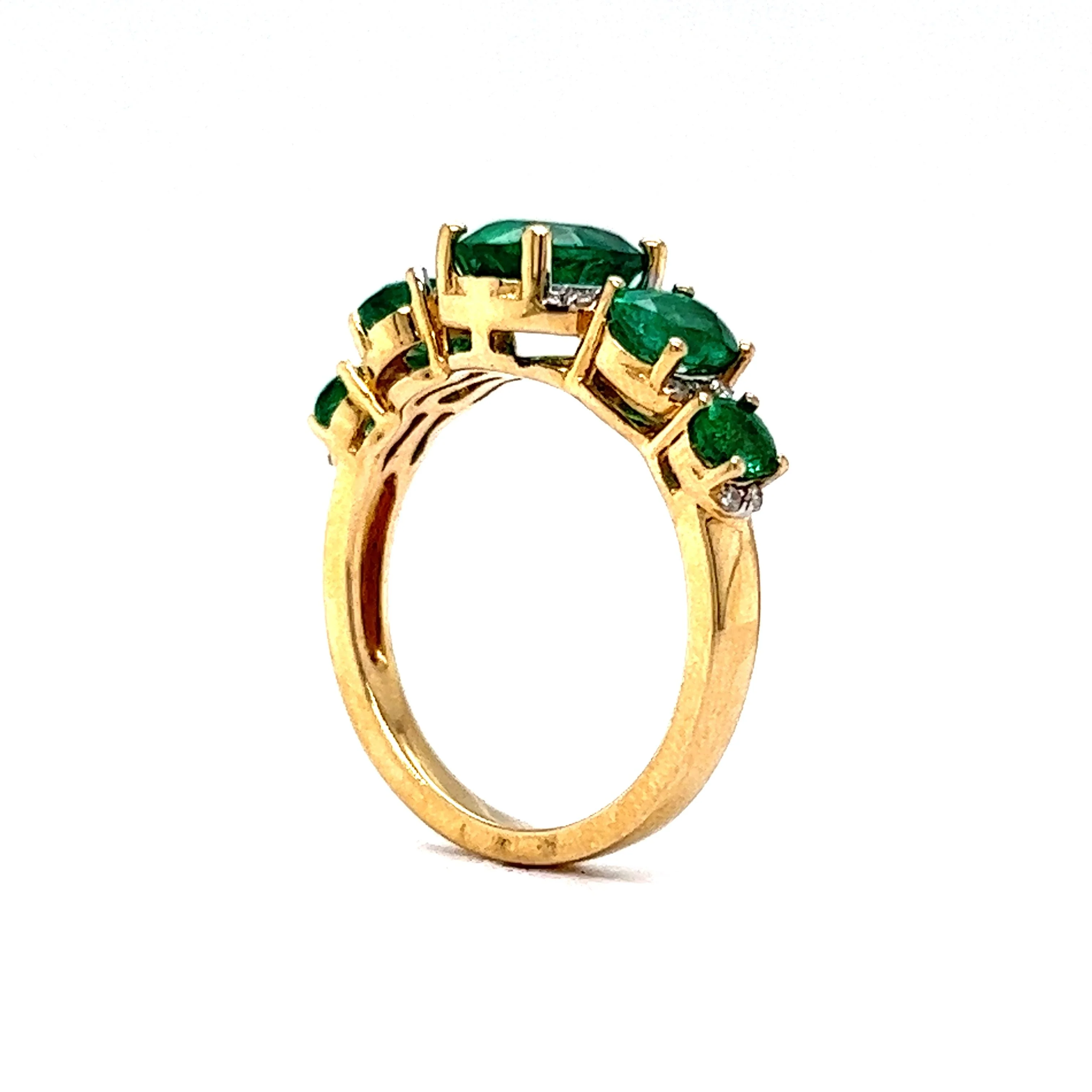 Five Stone Oval Cut Emerald & Diamond Ring in 14k Yellow Gold - Image 5