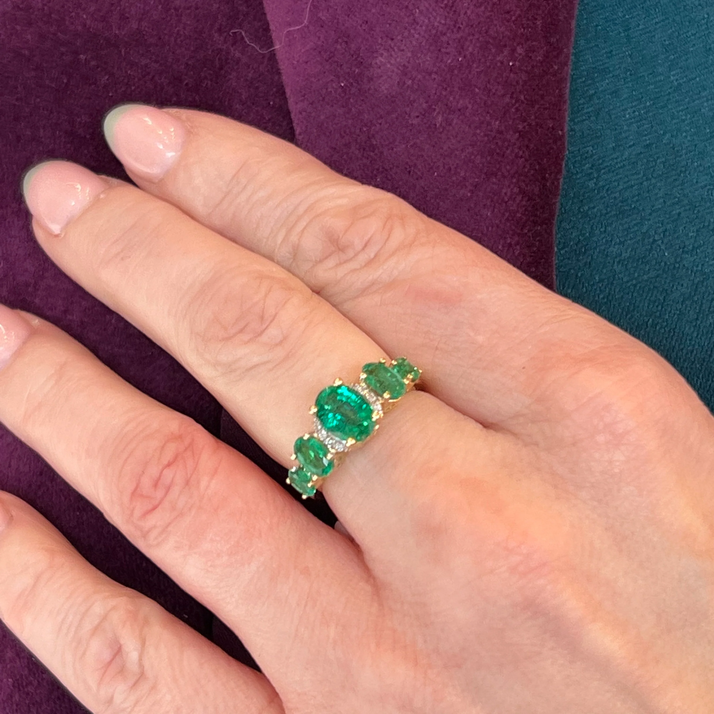 Five Stone Oval Cut Emerald & Diamond Ring in 14k Yellow Gold - Image 6
