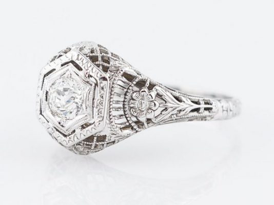 Floral Diamond Engagement Ring Art Deco Filigree in 18k - Image 2