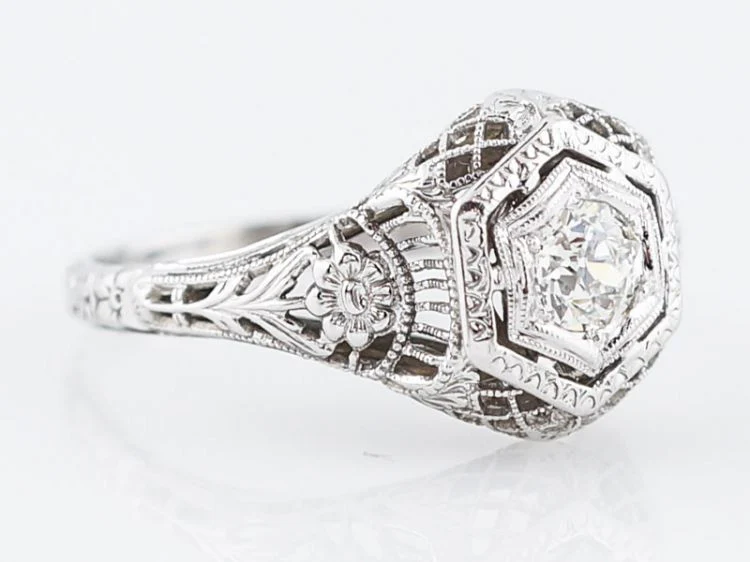 Floral Diamond Engagement Ring Art Deco Filigree in 18k - Image 3