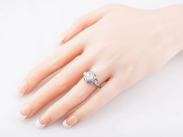 Floral Diamond Engagement Ring Art Deco Filigree in 18k - Image 9