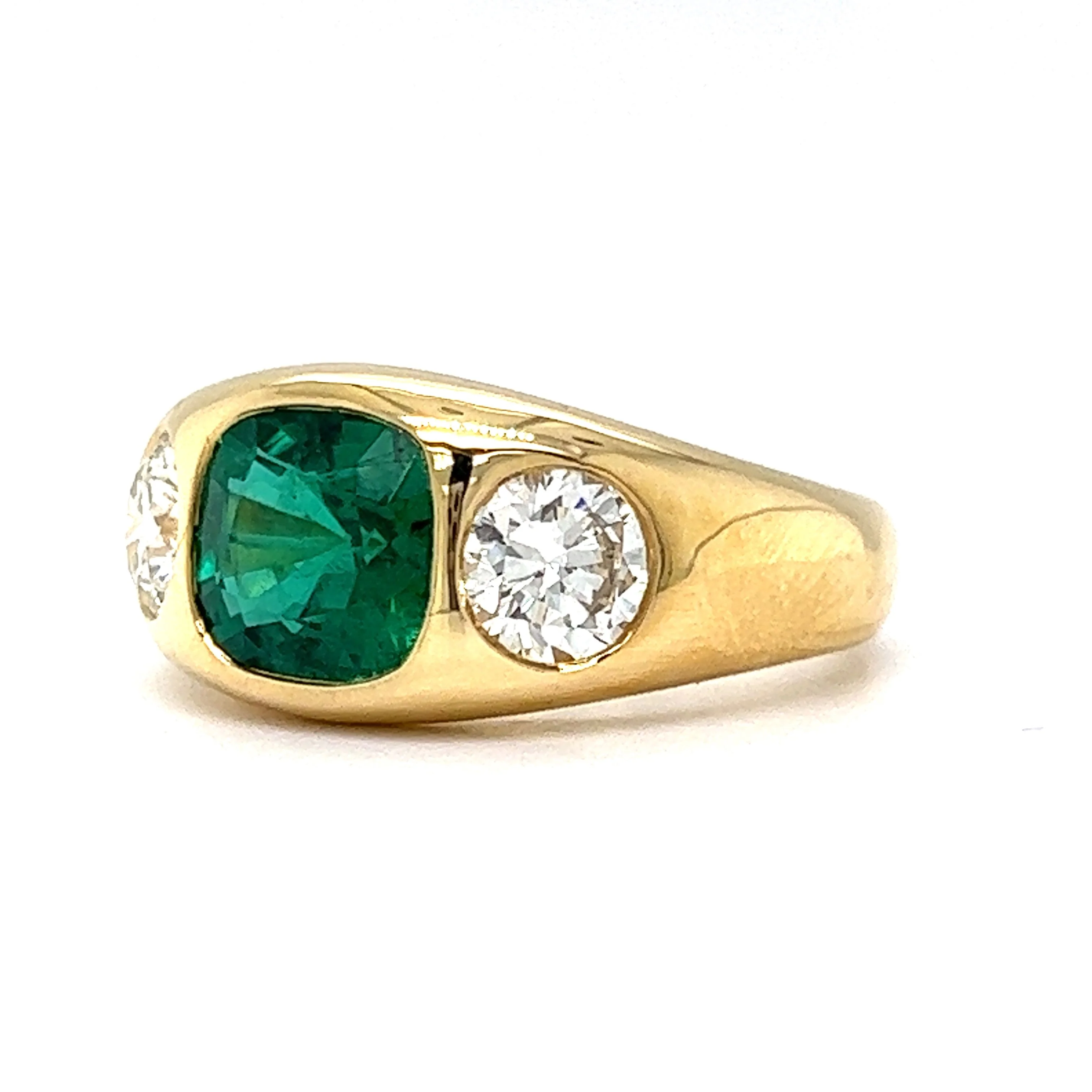 Flush Set Cushion Cut Emerald & Diamond Ring in 18k Yellow Gold - Image 2