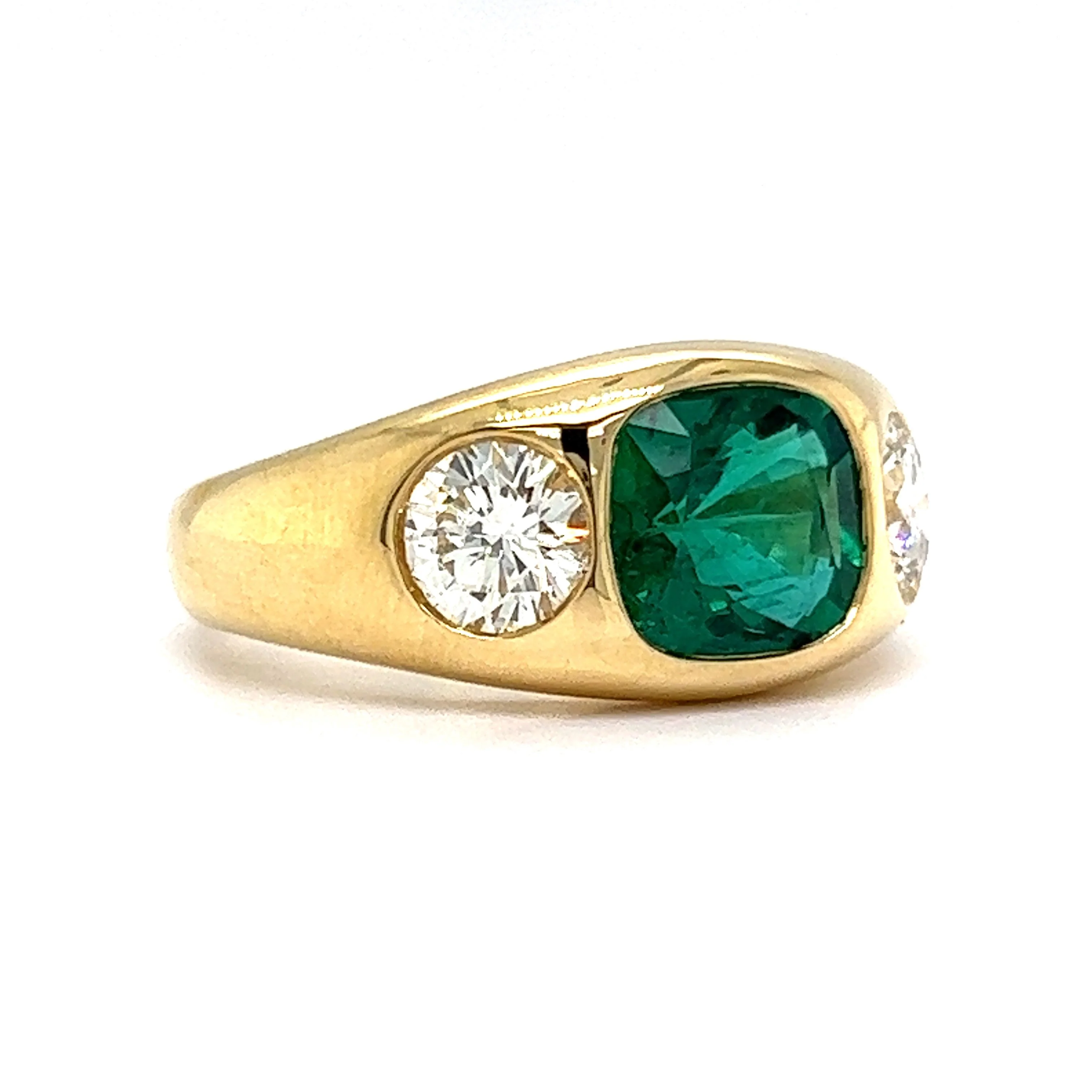 Flush Set Cushion Cut Emerald & Diamond Ring in 18k Yellow Gold - Image 3