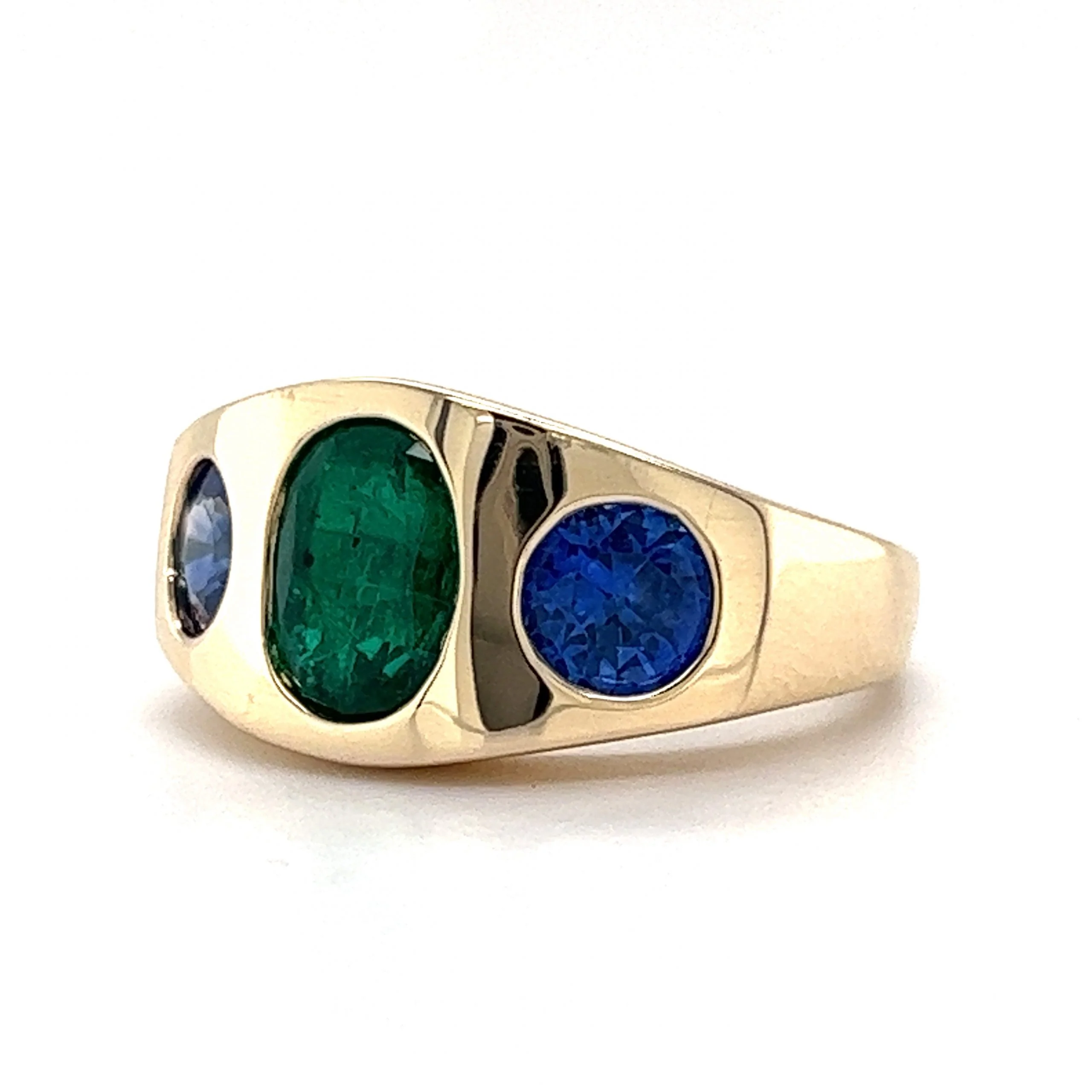 Flush Set Emerald & Sapphire Cocktail Ring 14k Yellow Gold - Image 2