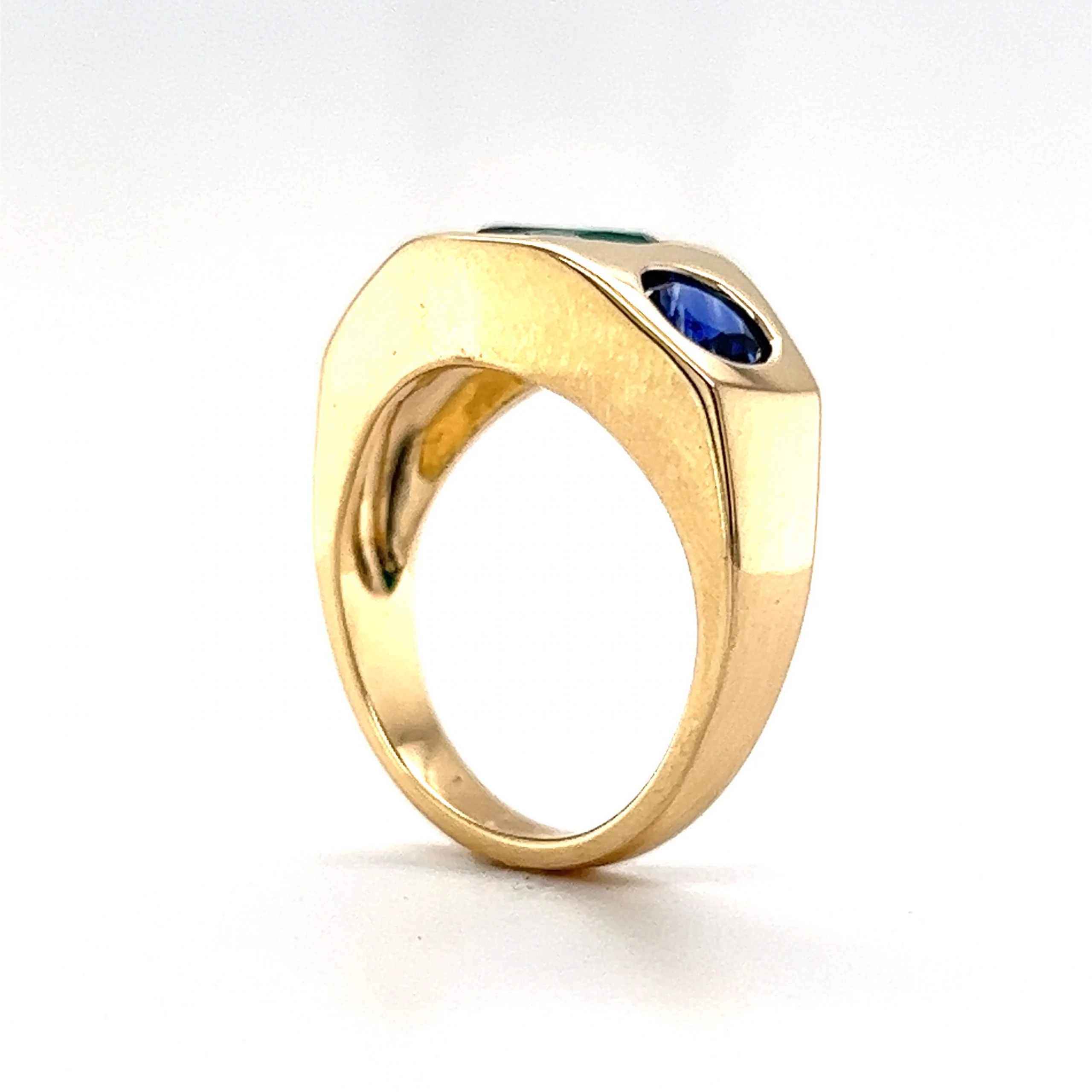 Flush Set Emerald & Sapphire Cocktail Ring 14k Yellow Gold - Image 5