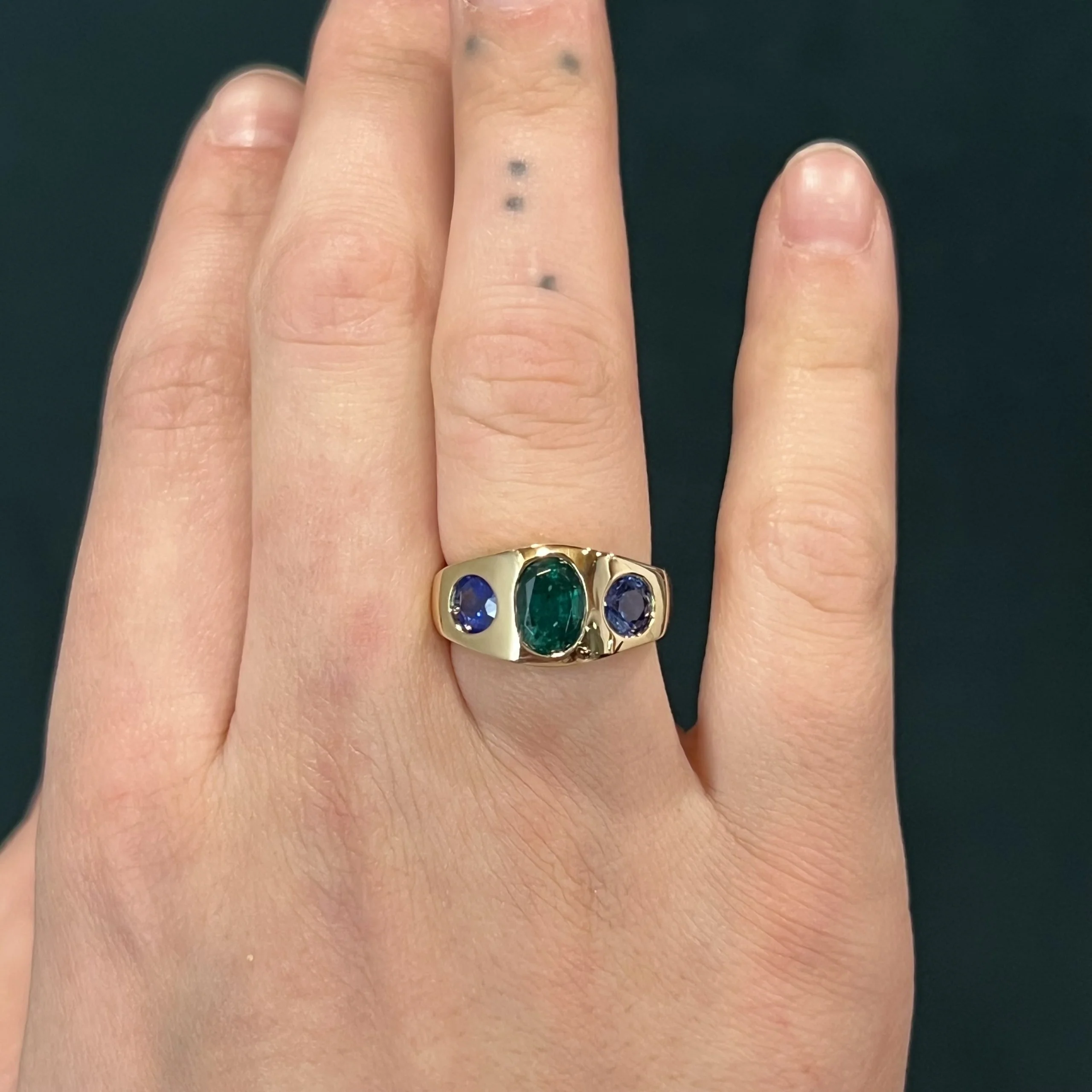 Flush Set Emerald & Sapphire Cocktail Ring 14k Yellow Gold - Image 6