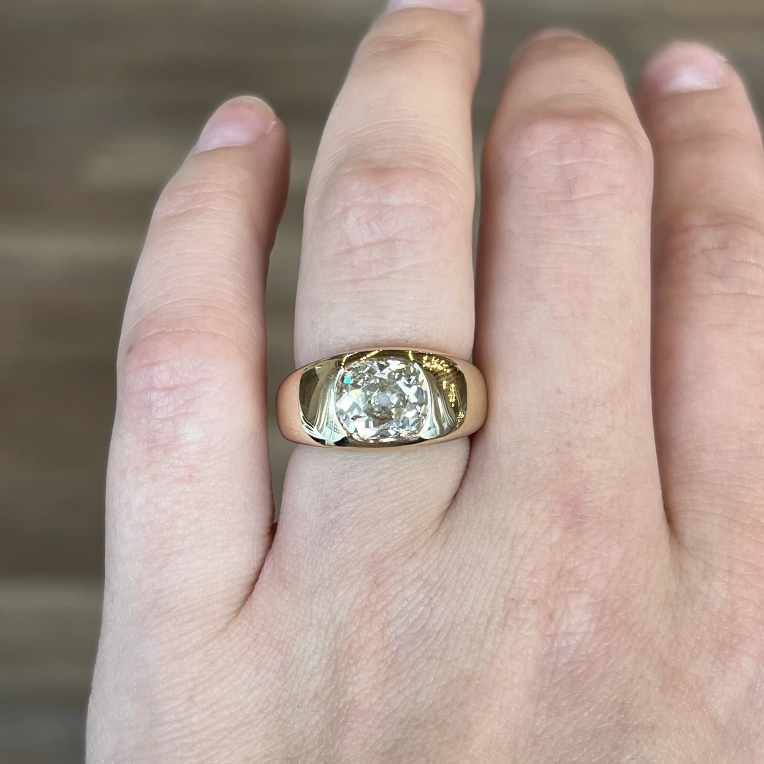 Flush Set Old Mine Cushion Cut Diamond Ring in 14k Yellow Gold - Image 6